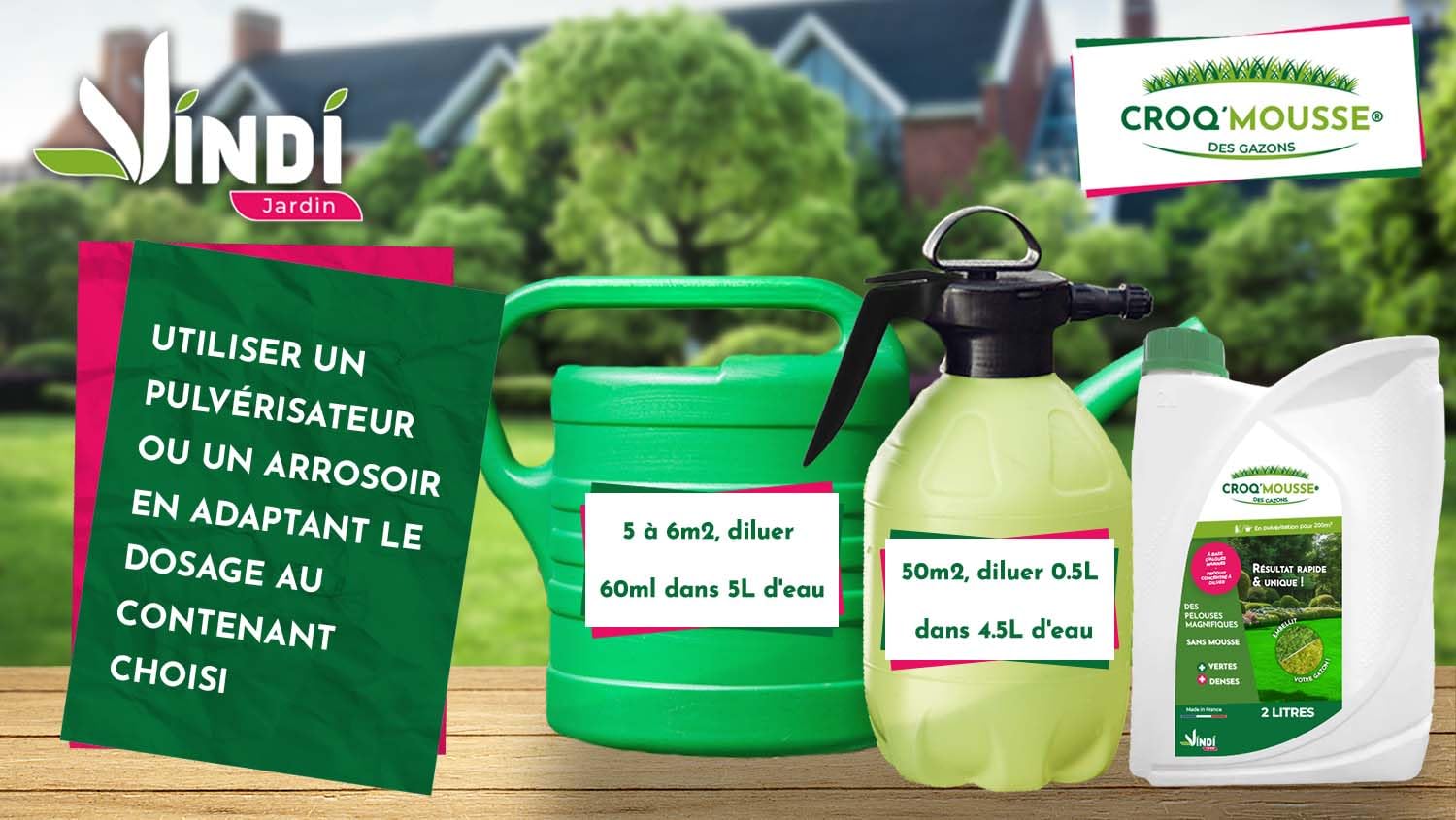 VINDI JARDIN - CROQ'MOUSSE des gazons – Engrais liquide organo-minéral 3 en 1 – Pelouse « sans mousse/+verte/+dense » - bidon 2L – Traitement pour 200m2 – Fabrication Française.