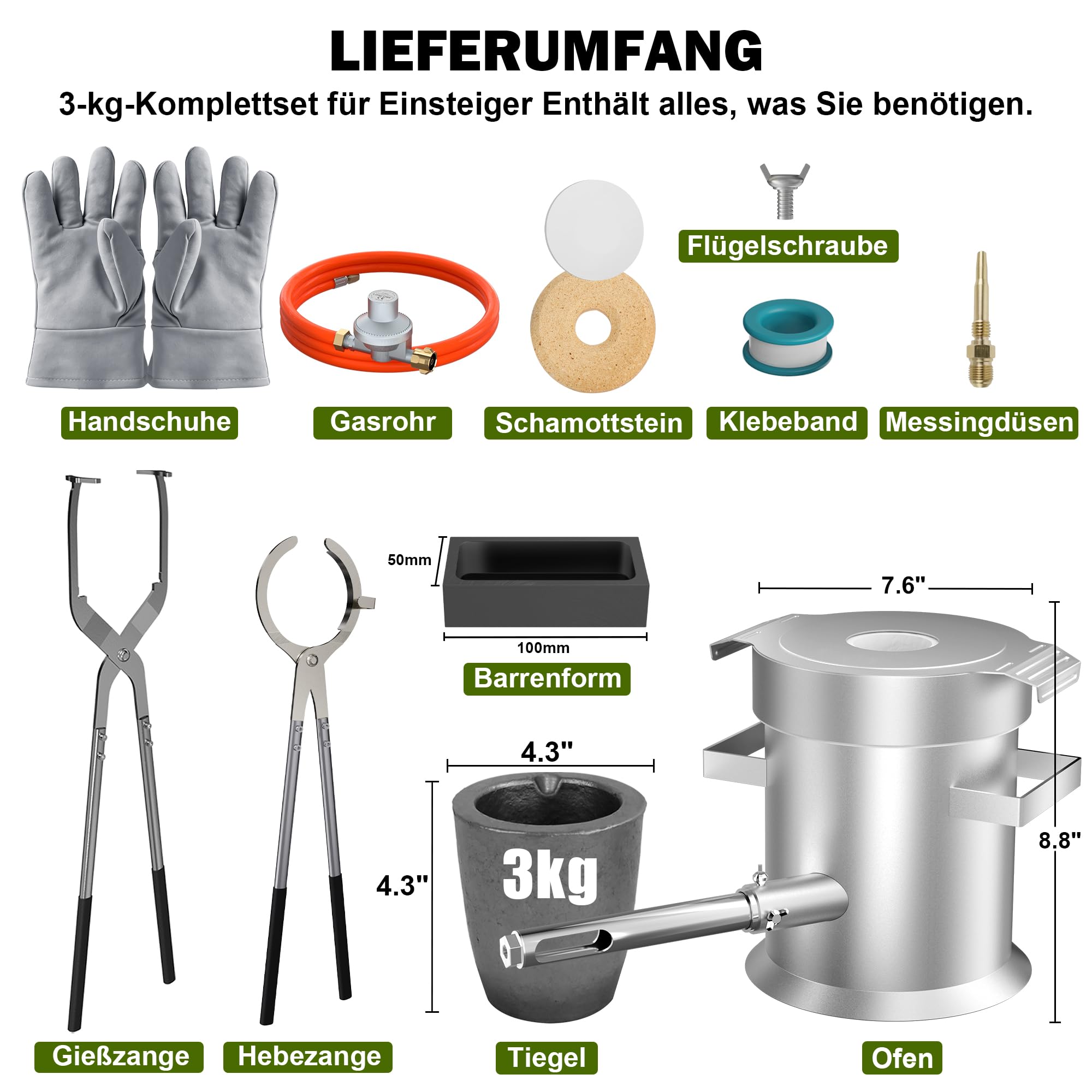 3 kg Propan, kompletny zestaw dla początkujących – piec do wytapiania metalu z tyglem, szczypcami odlewniczymi, kamieniem ogniotrwałym i akcesoriami, idealny do odlewów złota, srebra, miedzi i