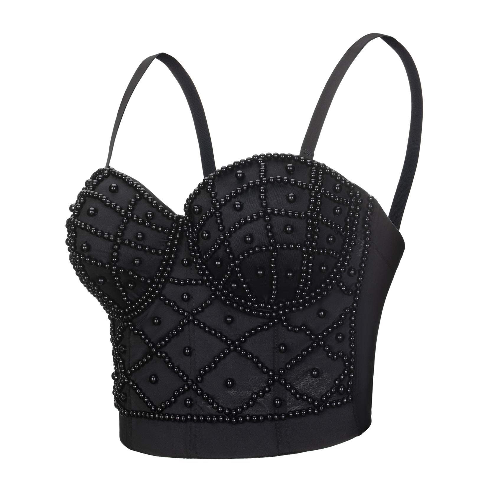 Woboren Women's Strap Beads Bustier Corset Crop Top Club Party Bra Black L