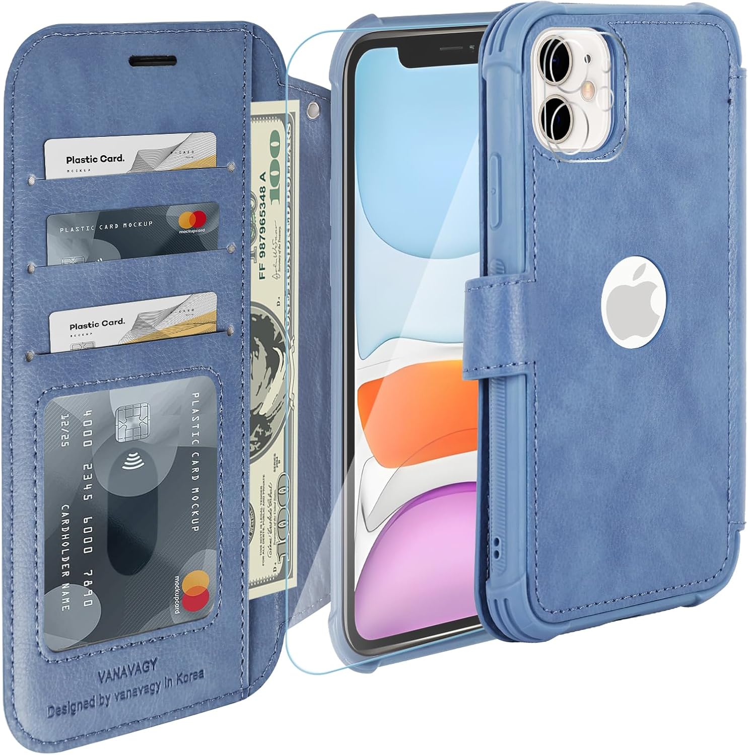 VANAVAGY Compatible for iPhone 11 Wallet Case for Women Men, PU Leather Flip Phone Cover with Wrist Strap for Wireless Charging with RFID Blocking Card Holder Screen Protector,Blue