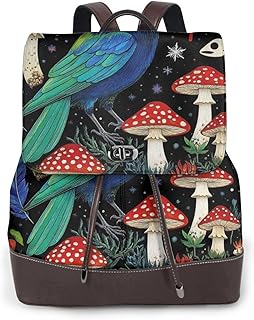 Women's Elegant Printed Genuine Leather Backpack Trendy Pattern Reliable Zippers Organized Interior for Work Daily Travel, Magic Mushrooms Starry Sky Autumn Gothic Raven Bird Halloween Art