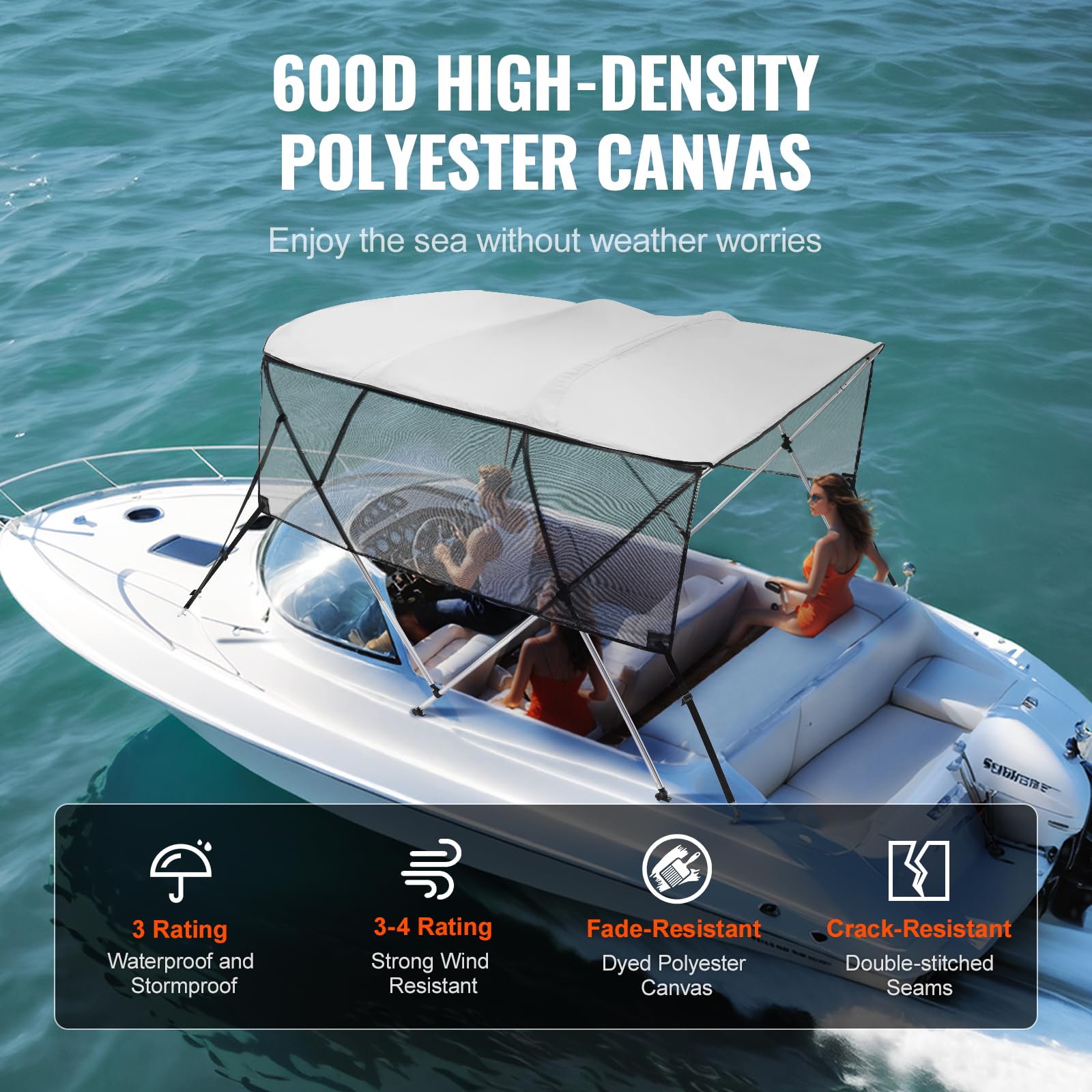 VEVOR Bimini - Lona para Barco de 4 Arcos, Ancho de instalación: 231 a 244 cm, poliéster 600D, con Paredes Laterales de Malla extraíbles, Impermeable y protección Solar, con Caja de