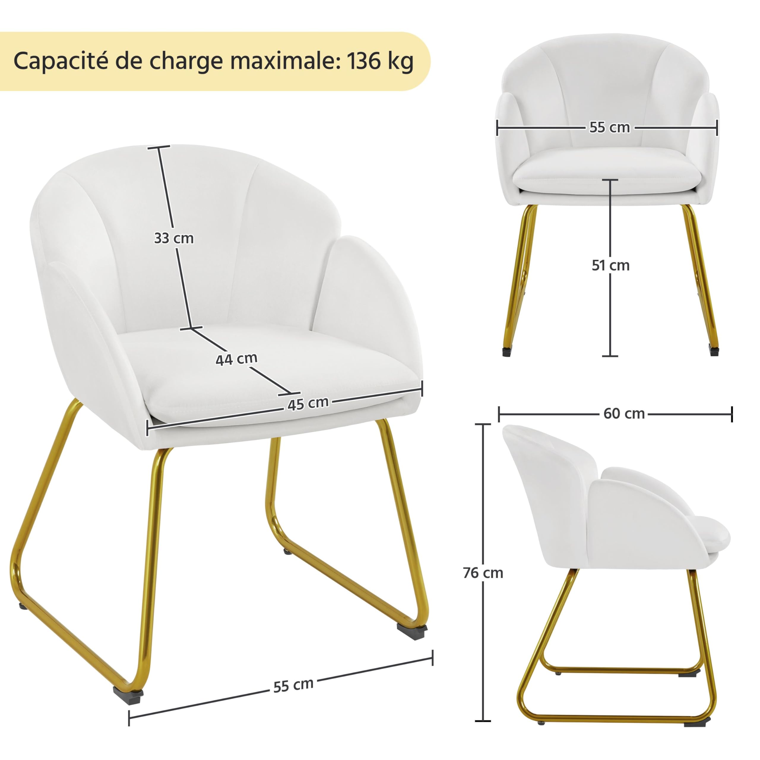 Yaheetech Fauteuil de Chambre à Coucher, Salon, rembourré, Haut Moderne, Ergonomique, en Velours, avec Dossier Circulaire, accoudoirs, Pieds en métal, Charge 136 kg Blanc