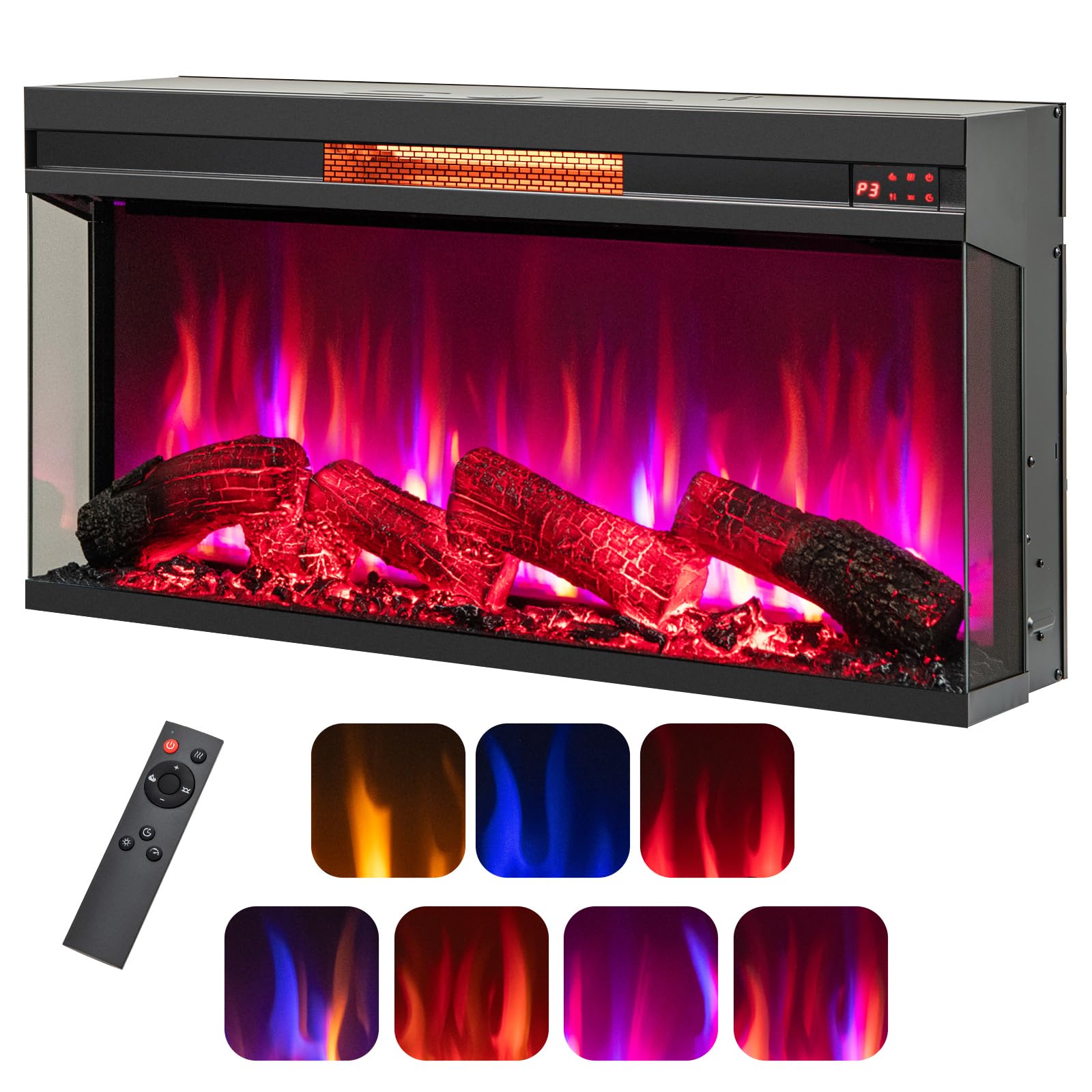 Tangkula 36 Inch 3-Sided Electric Fireplace, 1500W Recessed Fireplace Insert w/ 7-Color Flame, Adjustable Brightness, 9H Timer & Thermostat Control, Freestanding Fireplace w/Overheat Protection