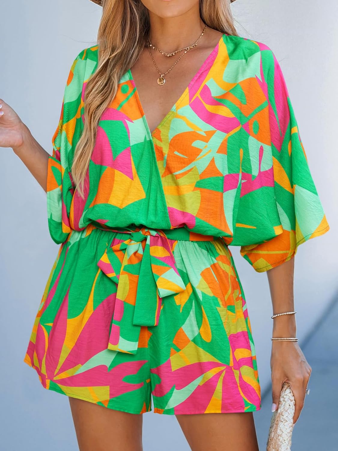 CUPSHE Women's Mini Romper Summer Beach Vacation Loose Fit Half Sleeve V Neck Resort Wear Tropical Holiday Short Jumpsuit - Image 2