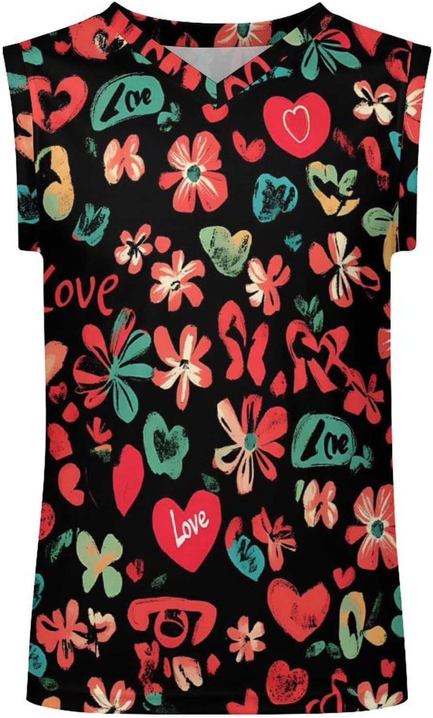 Red Hearts Floral Flowers Men's V-Neck Basketball Tank Top Sleeveless Workout Tank Shirts Gym Fitness Tees Vest