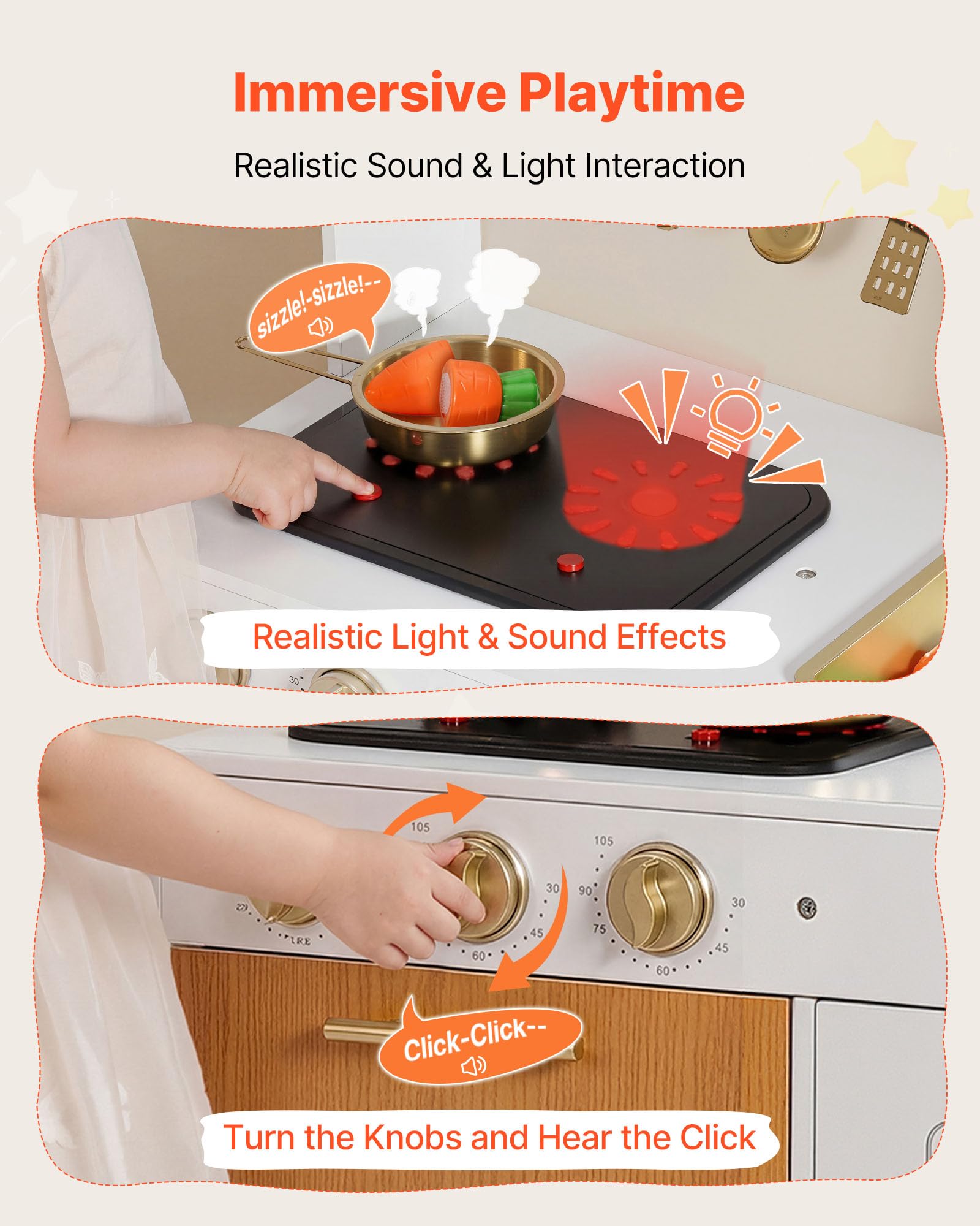 VEVOR Cocina de Juguete para Niños de 3 a 8 Años, Cocinita Infantil de Madera con Luces y Sonidos, Zonas Interactivas, Juego de Cocina con Almacenamiento, Microondas, Fregadero, Accesorios, Blanco