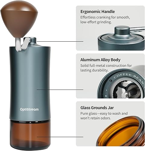 Miniatura 2 de Molinillo de café manual de 6 rebabas - Acero de alto carbono CNC420 fácil de usar, cuerpo de aluminio gris y tarro de vidrio, capacidad de 0.88 oz,