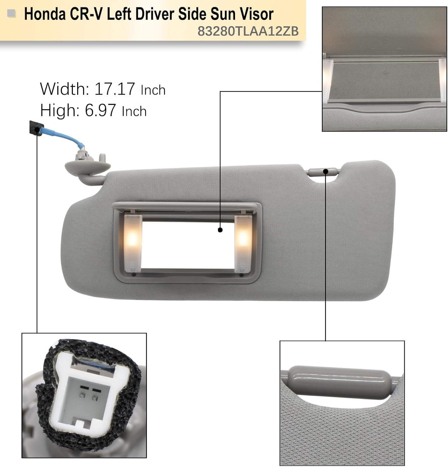 NHILES Driver Left Side Sun Visor Compatible with Honda CRV 2017 2018 2019 2020 2021 2022 Sunshade Number 83280TLAA12ZB Color: Gray