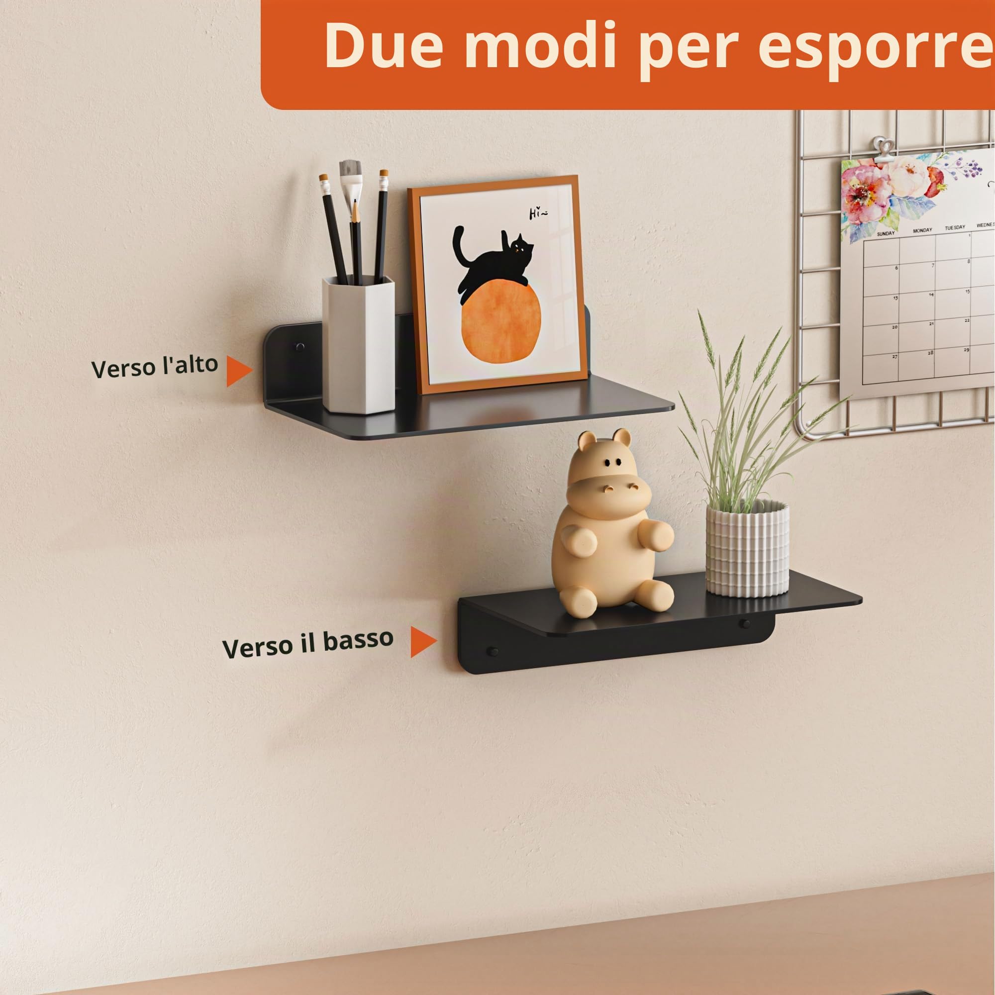 Wisfame Mensola da Muro in Metallo 2 Pezzi, Nere Mensole Adesive da Parete Senza Foratura, 23cm Mensolina da Muro Piccola per Soggiorno, Camera da Letto, Bagno,Cucina, Ufficio，Con Fori per Cavi