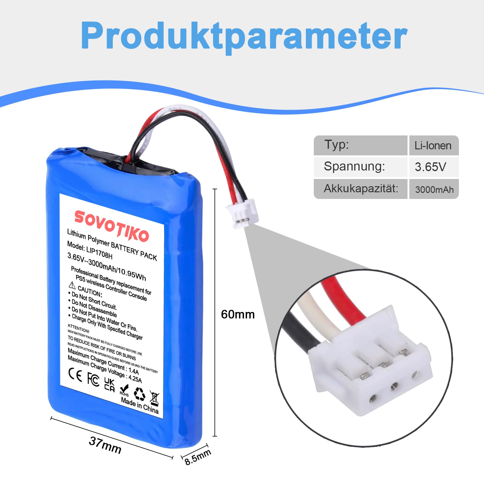 2 Stück High-Performance Li-Ionen Ersatzakkus für PS5-Controller, LIP1708H 3000mAh wiederaufladbarer Akku für Sony PlayStation 5 DualSense Controller CFI-ZCT1W