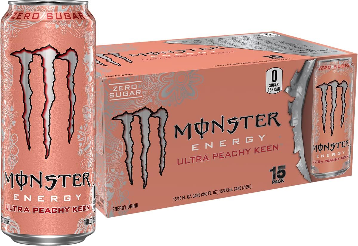 Energy Ultra Peachy Keen, Sugar Free Energy Drink, 16 oz (Pack of 15) | Pack of 15