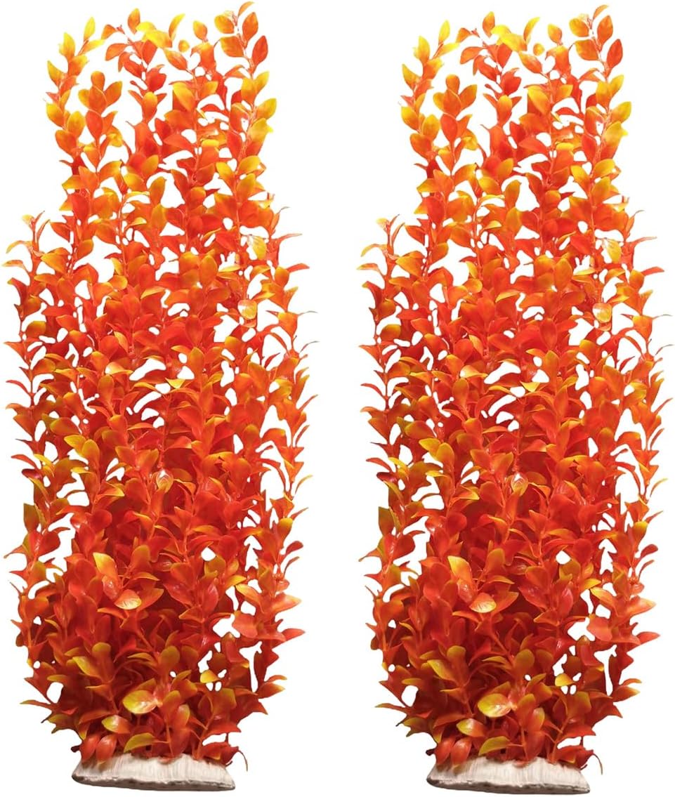 Pack of 2 Tall Plastic Aquarium Plants Large Fake Fish Tank Plants Artificial Pond Plants Large Aquarium Decor (Orange Round Leaves 6516)