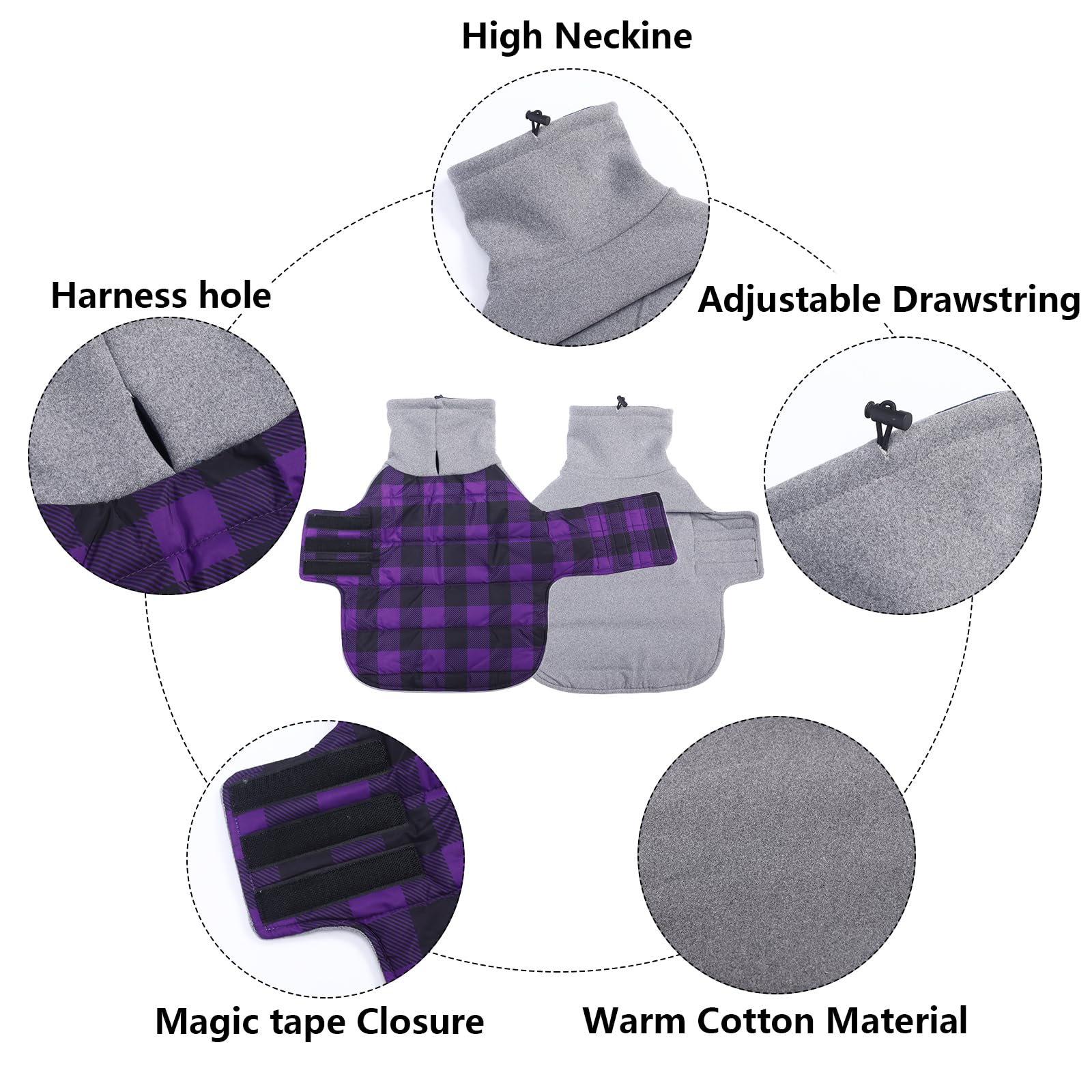 Geyecete Warm Thermal Quilted Dachshund Coat,High Neckine String Holes Dachshund jacketOutdoor Dog Apparel with Adjustable Bands-Purple-M - Image 2