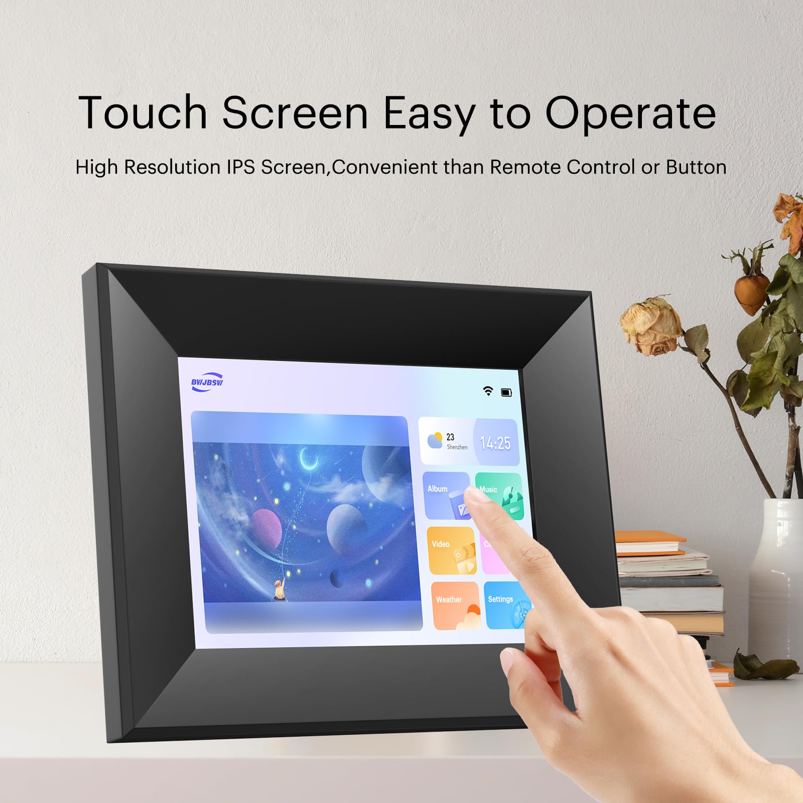 Marco Digital de 8 Pulgadas con WiFi, Smart Cloud, Marcos electrónicos de Madera, HD IPS, Pantalla táctil de 1280 x 800, 16 GB de Memoria, rotación automática, Compartir Fotos y vídeos con la