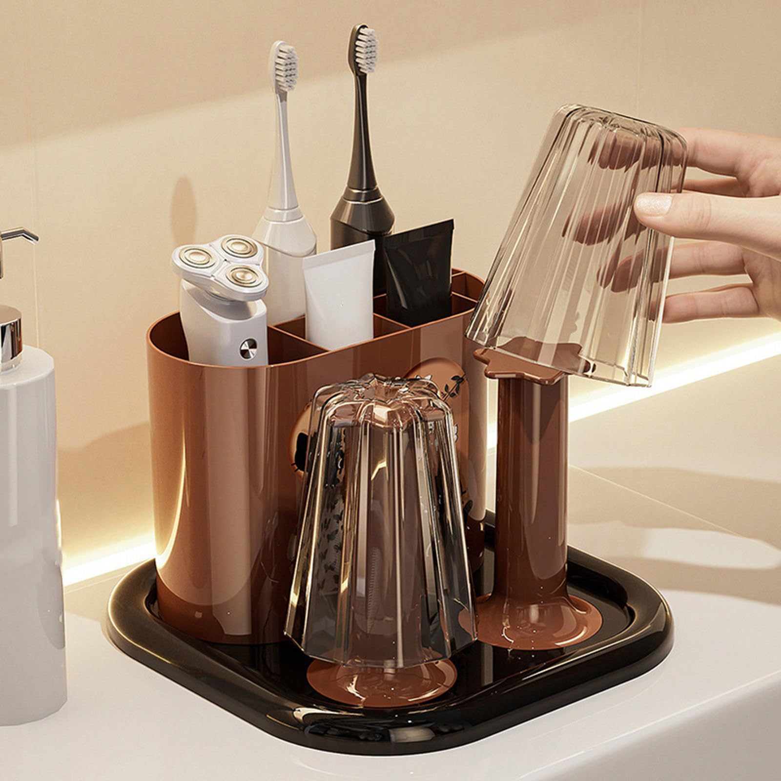MidCentury - Organizador de cepillos de dientes con diseño antideslizante y taza de enjuague bucal para uso diario, accesorio de organización de baño, soporte para cepillo de dientes