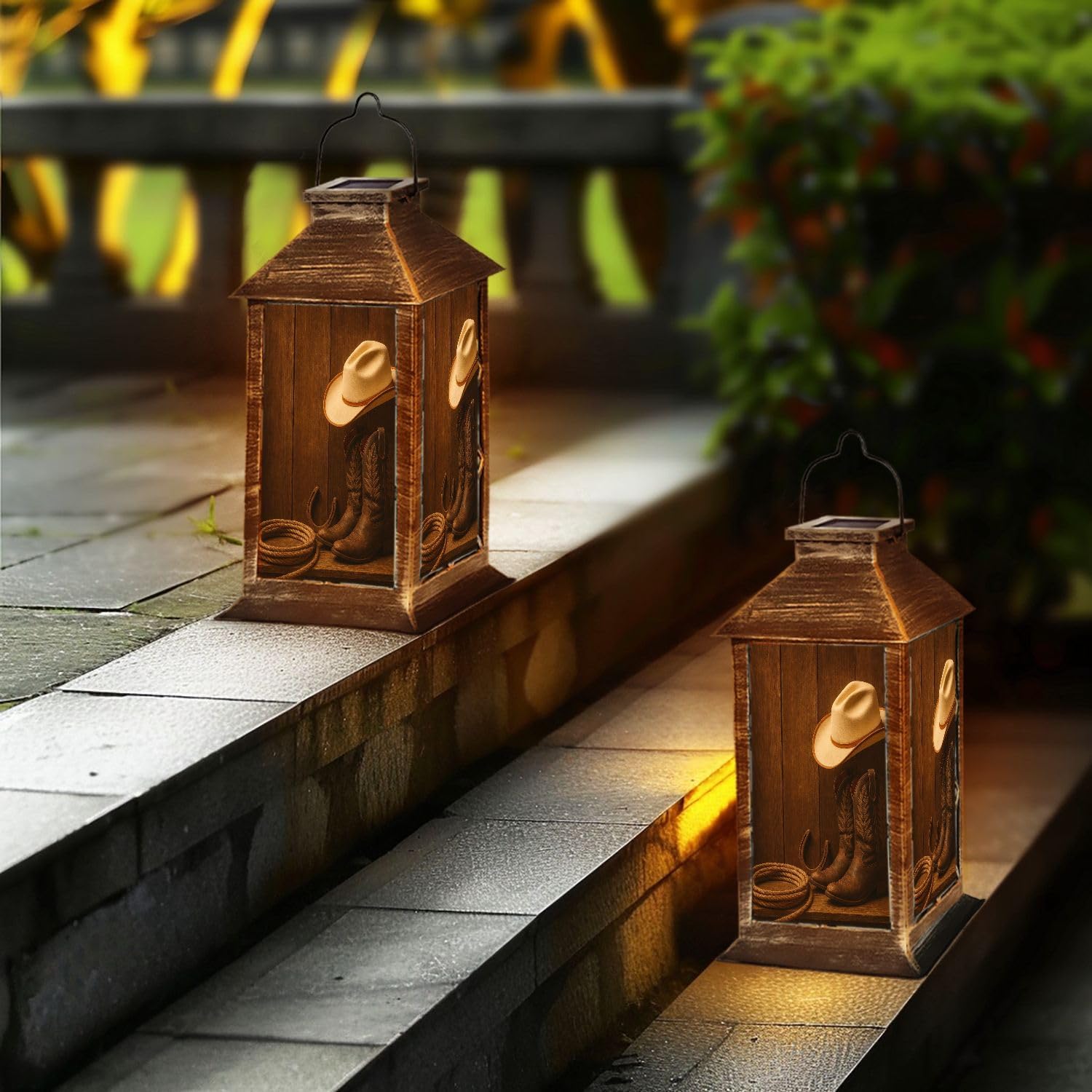 Western Solar Lantern Cowboy Boots Cowboy hat Lasso Against barn Outdoor Garden Hanging Lantern Waterproof Solar Powered Lighting Outside Table Lamp for Deck Yard Camping Patio Decor