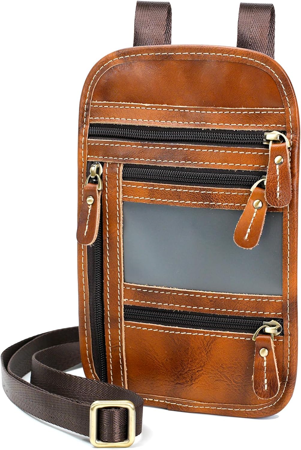 Full Grain Leather Neck Wallet, RFID Blocking Passport Travel Pouch, Coffee