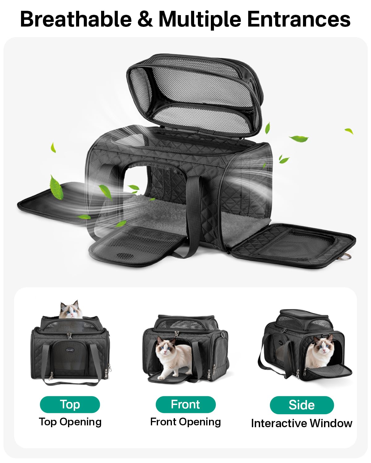 CarryTip Cat Carrier Airline Approved 17x11x9.5 Inches, Top Expandable Soft Sided Pet Travel Carrier for Cats & Small Dogs, Fits Under Airline Seat with Locking Zippers, Black - image 5