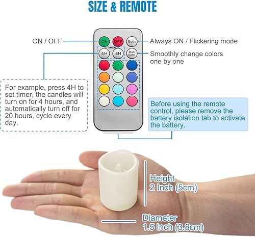 Miniatura 7 de 12 velas de color sin llama parpadeantes con control remoto LED votivo temporizador de luz de té que cambia de color funciona con pilas vela falsa