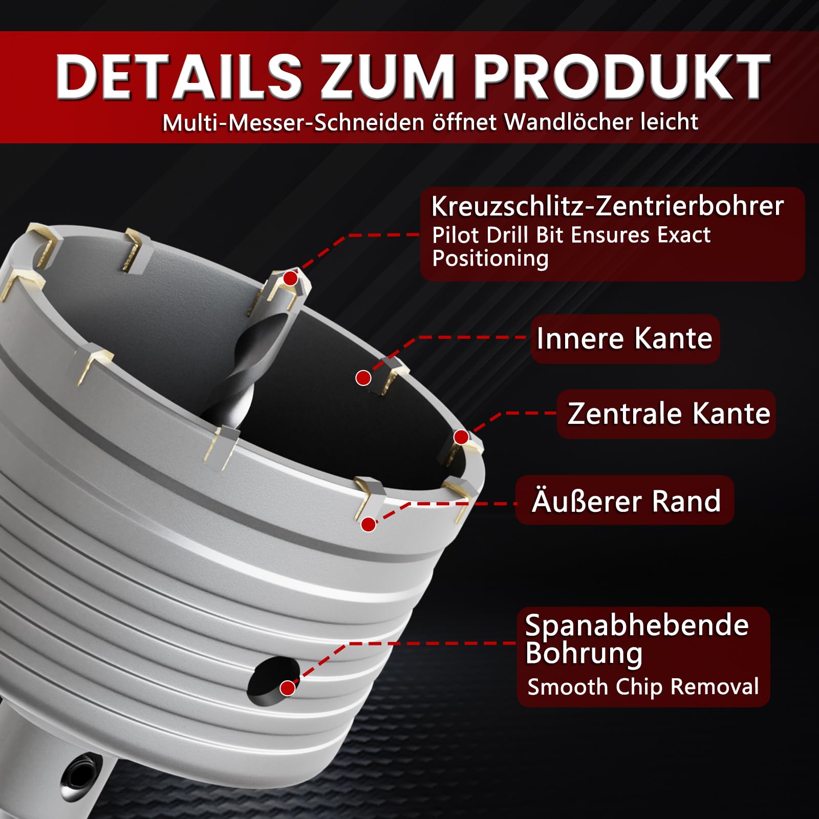 CSOOM Otwornica do betonu 115 mm z przedłużeniem SDS-Plus 220 mm, zestaw otwornic do betonu, 4 x wiertło centrujące 8 x 110 mm, końcówka z twardego metalu, 2 x wiertło centrujące