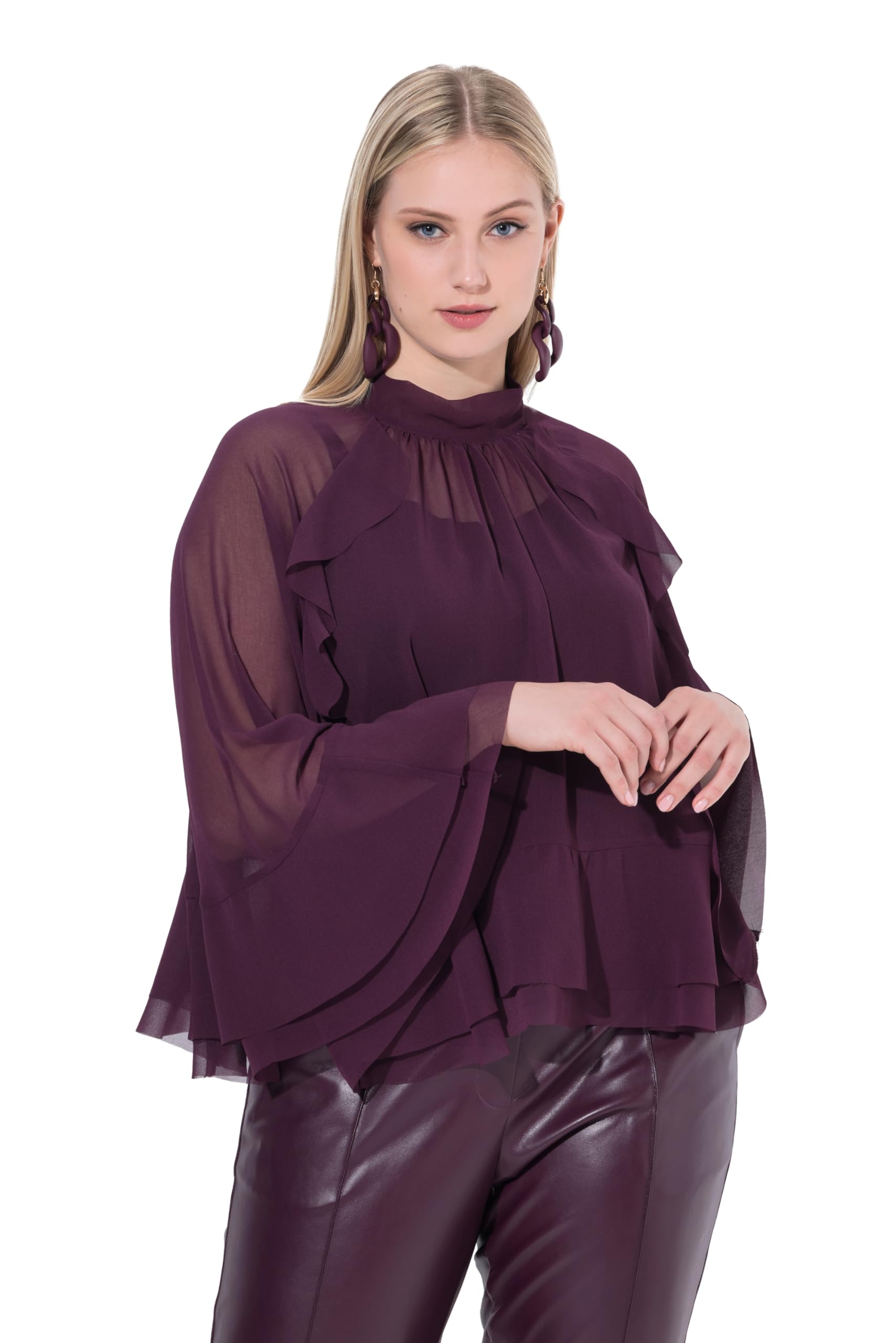 Ulla Popken Damen große Größen Übergrößen Plus Size Cape-Bluse, Chiffon, Stehkragen, Schal 844830