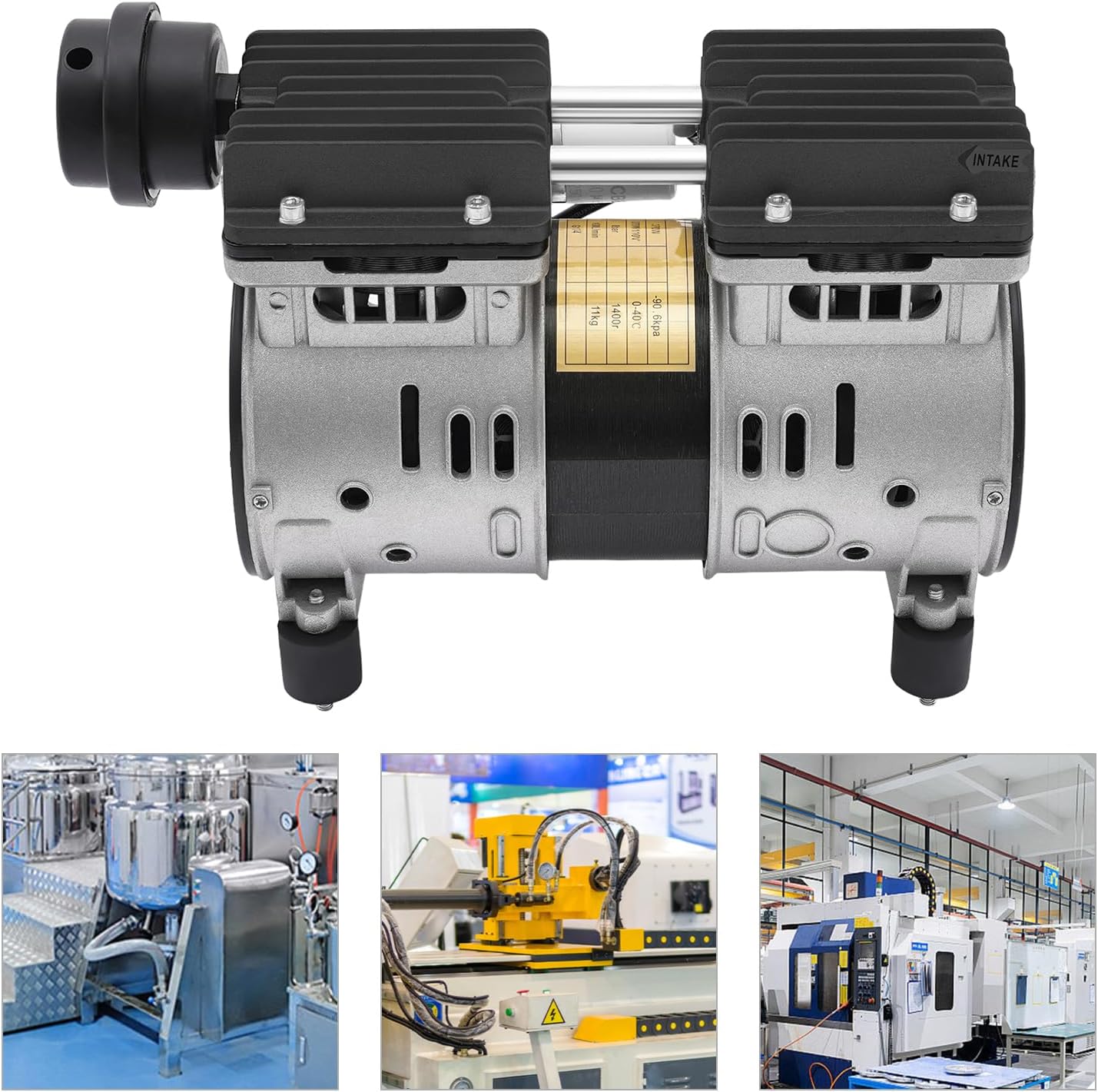 8Bar High Pressure Oilless Vacuum Pump 100L/min/3.5CFM High Flow Vacuum Suction Pump 1400RPM Oil-Free Piston Compressor Pump Low Noise 370W 110V Silver