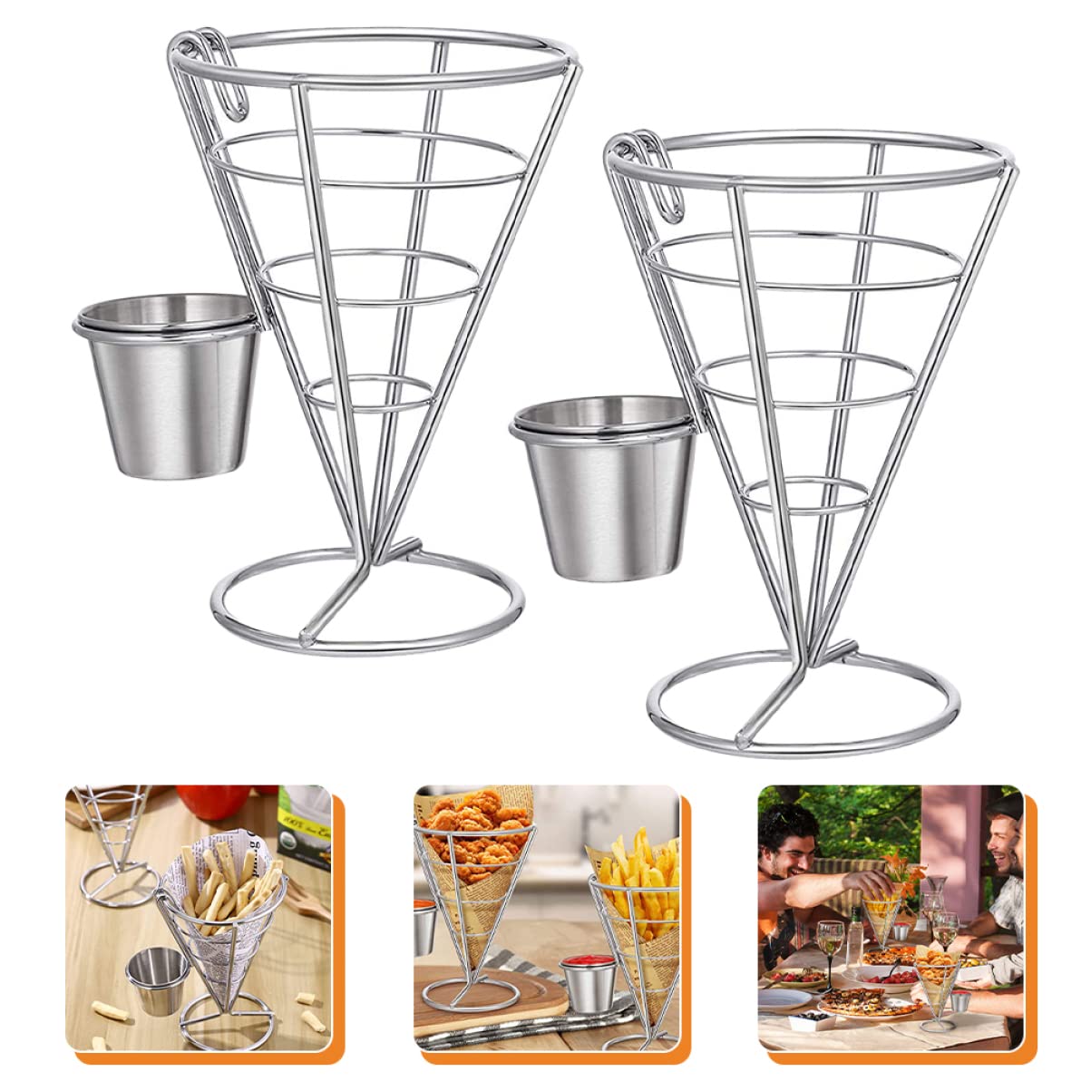 KICHOUSE 2pcs French Fries Chips Stand Dipping Sauce Holder for Car Appetizer Serving Basket French Fries Storage Holder Food Cone Display French Fries Cone Cups Silver Stainless Steel