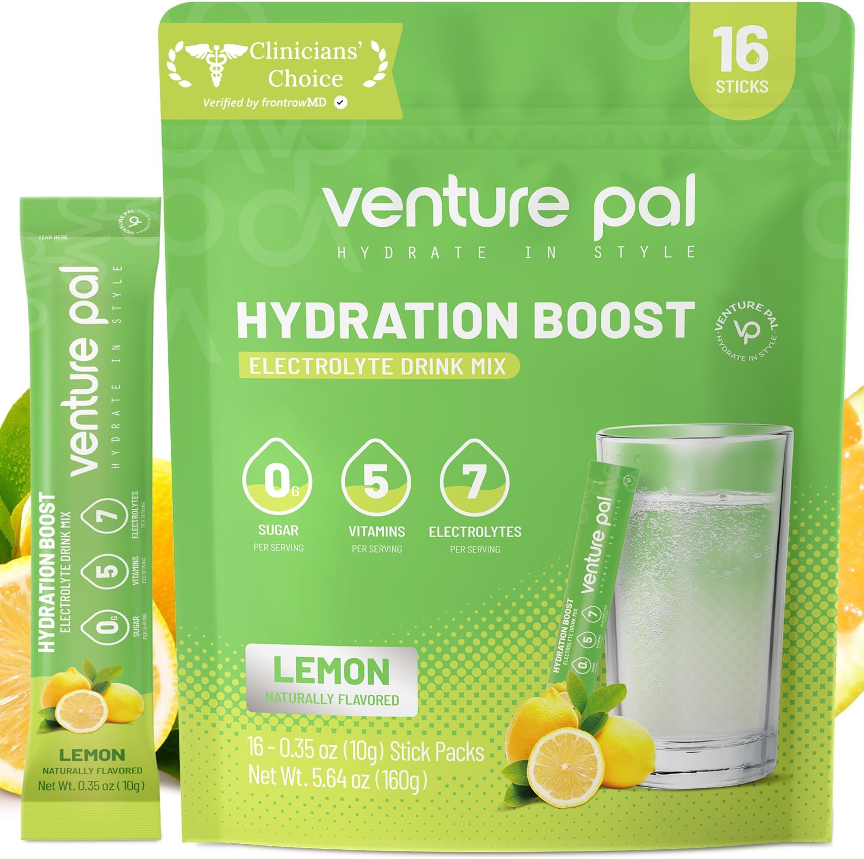 Venture Pal Sugar Free Electrolyte Powder Packets - Liquid Daily IV Drink Mix for Rapid Hydration & Party Recovery | 5 Vitamins & 7 Electrolytes| Keto Friendly | Non-GMO | Certified Vegan | 16 Sticks