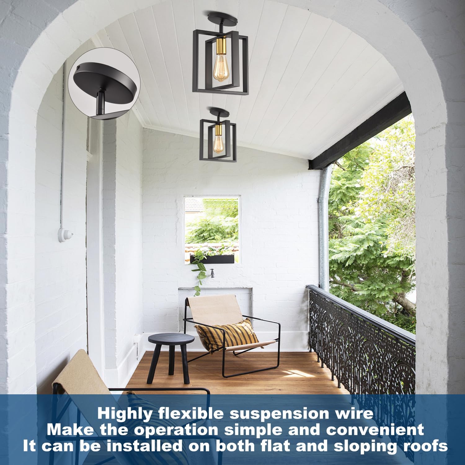 2 Pack Semi Flush Mount Ceiling Light,Black Metal Frame Ceiling Light Fixture with Golden Lamp Cup, Farmhouse Light Fixture for Kitchen Island Entryway Porch Foyer
