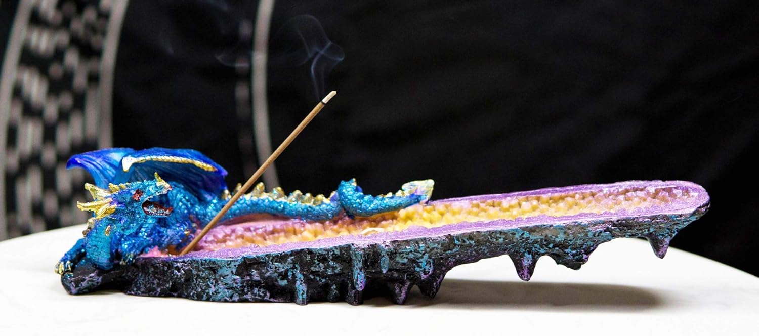 Ebros Gift Quartz Crystal Geode Rock Azurite Midnight Guardian Dragon Incense Stick Holder Figurine 10.75" Long Dungeons and Dragons Medieval Accent Decorative Statue