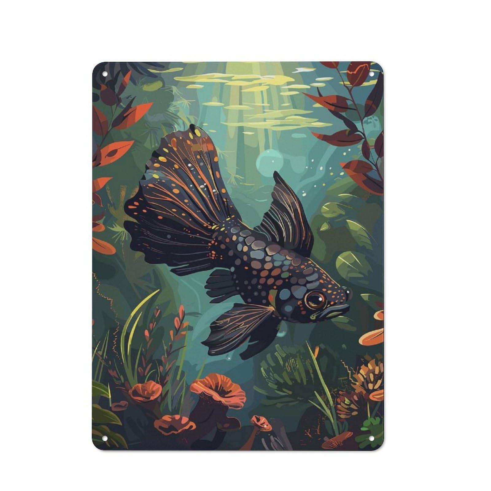 Junmoney Style-1 Tin Wall Plaque 40X30cm With Black Betta Fish Underwater For Bar Or Restaurant, For Hospitality Decor Collectors
