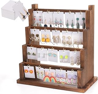 Aulock Upgraded Earring Display Stand, Wood Retail Earring Display Holder for Selling, 4-Tier Earrings Jewelry Organizer Rack with 100 Earring Cards 20 Hooks for Store Showcase Home (Brown)