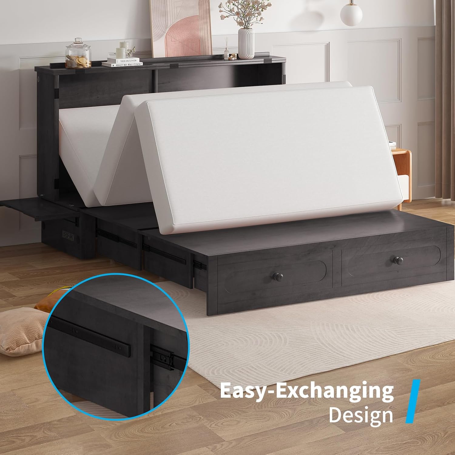 Mjkone Queen Murphy Bed Cabinet with Drawers and Tri-Fold Mattress, Modern Versatile Wood Chest Cabinet Wall Bed with USB Charging Station, Wooden Guest Beds for Bedroom Home Apartment - Dark Grey