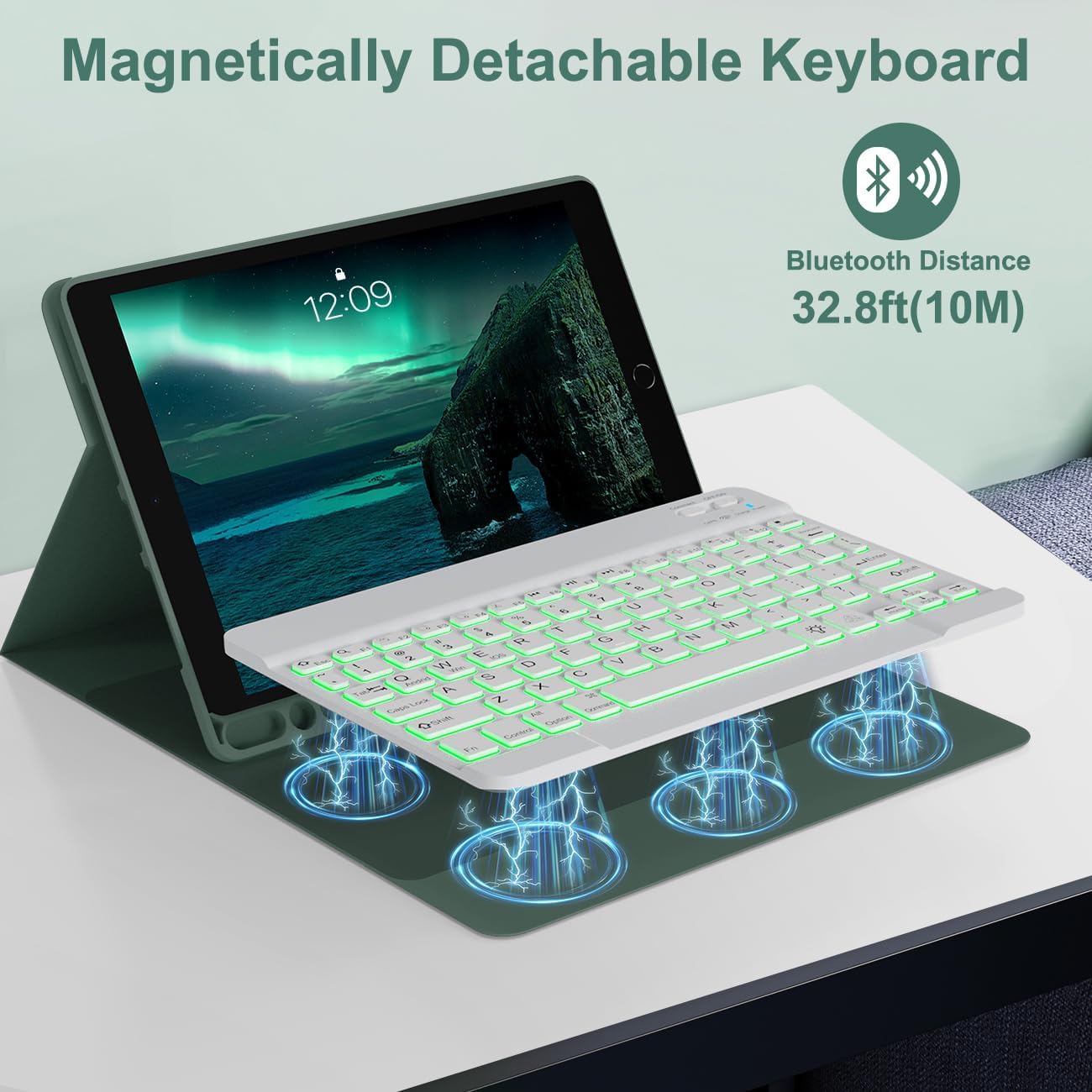 for iPad 9th 8th 7th Generation Case with Keyboard 10.2" - 7 Color Backlit Wireless Detachable Folio Keyboard Cover with Pencil Holder, Compatible with iPad Pro 10.5”/Air 3rd Gen (Dark Green)