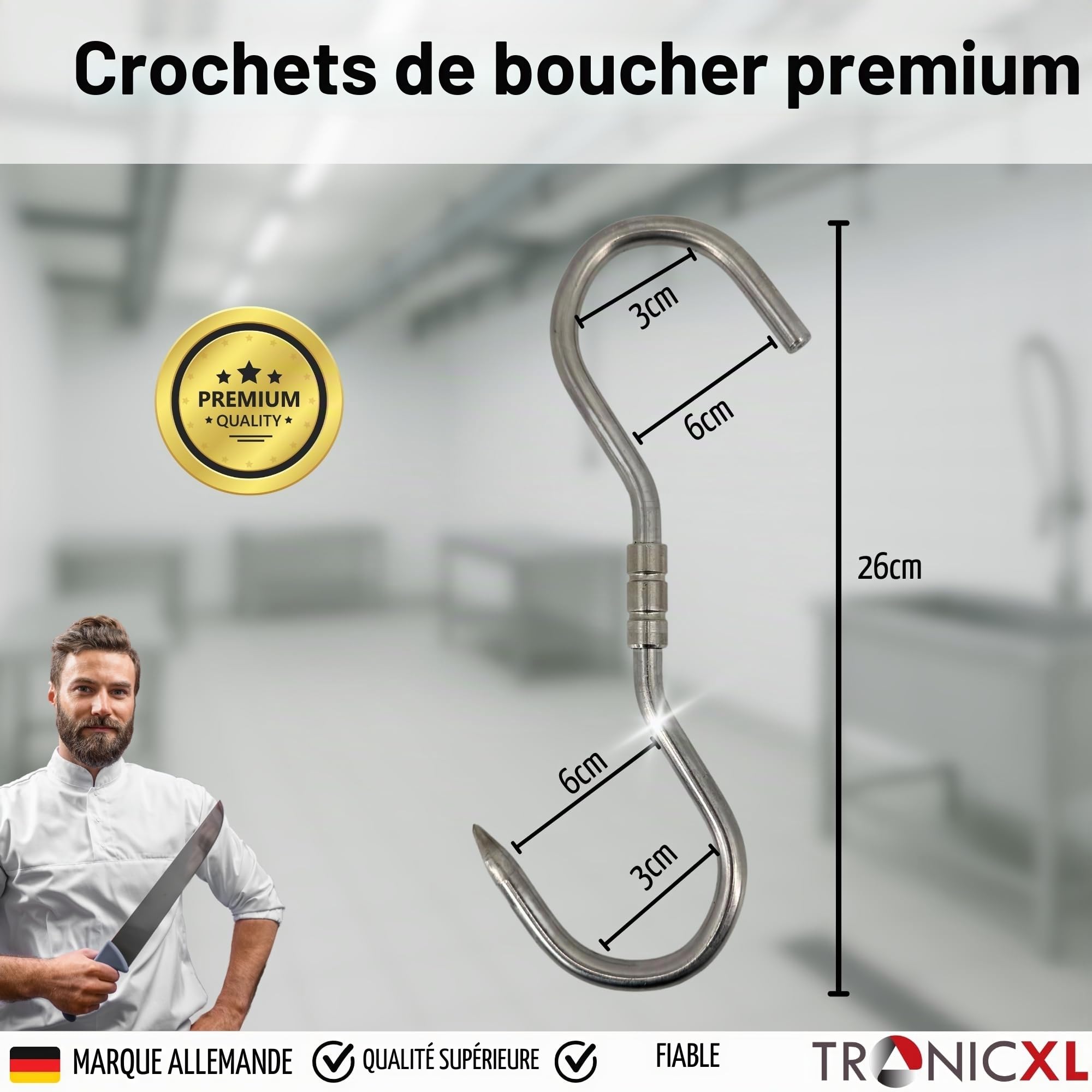 TronicXL Lot de 5 crochets professionnels en S - 260 x 10 mm - Crochets rotatifs en acier inoxydable - Crochets à viande pivotants pour suspendre des saucisses, parme, jambon, sanglier