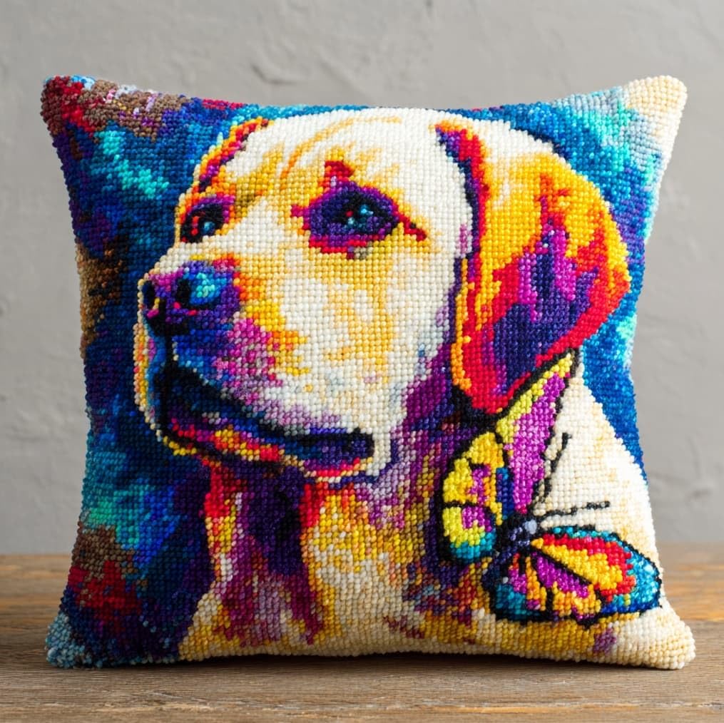 AxiangziK Latch Hook Cushion Kits,Golden Retriever and Butterfly