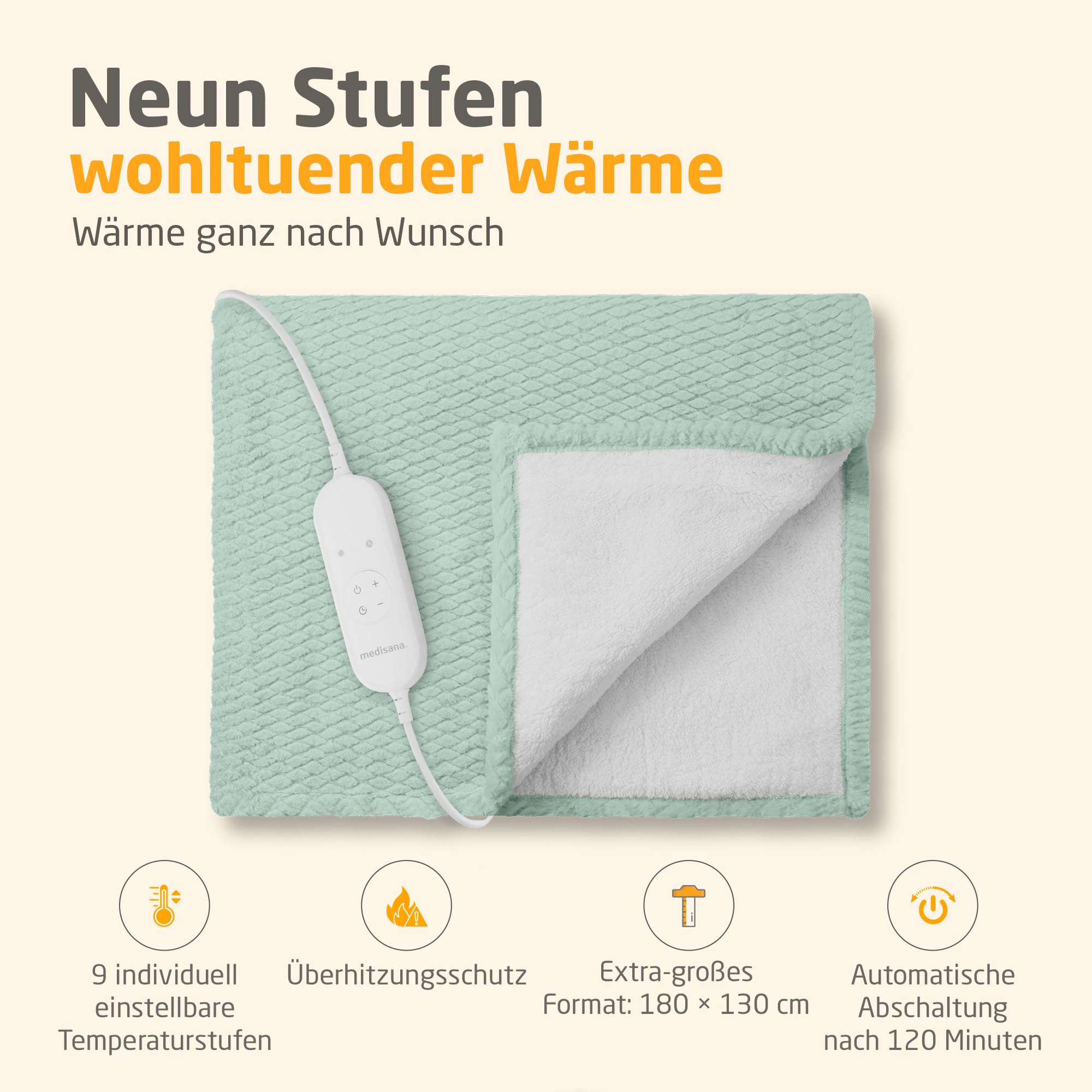 Medisana HB 417 Heizdecke elektrisch, extra kuschelige Wärmedecke mit 9 Temperaturstufen, beheizbare Decke mit Abschaltautomatik und Überhitzungsschutz - samtgrün