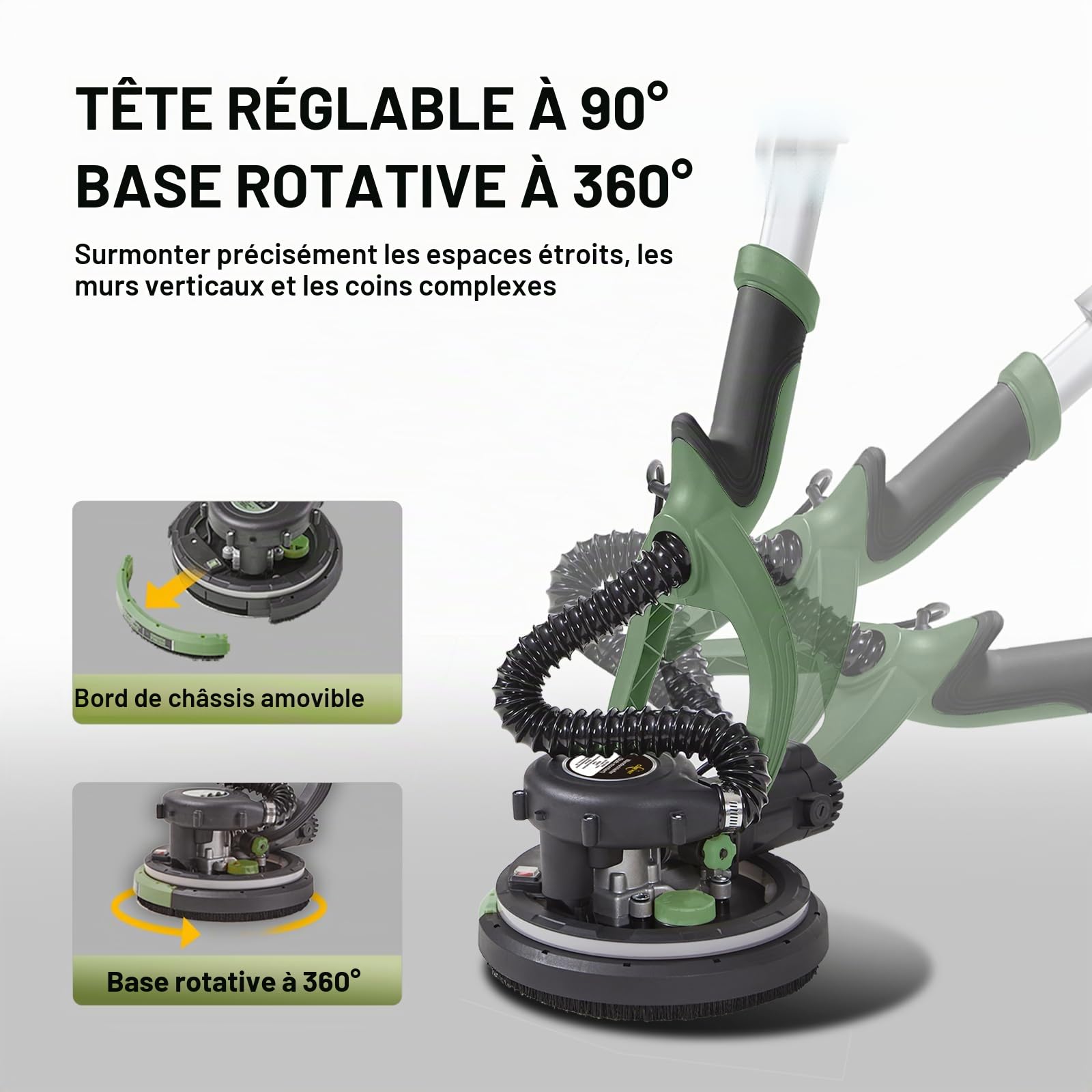 Ponceuse pour cloisons sèches, ponceuse murale 750 W avec système de vide automatique et girafe de ponçage Ø 214 mm avec sac d'aspiration, lumière LED, boîte de vitesses à 7 vitesses, meuleuse de