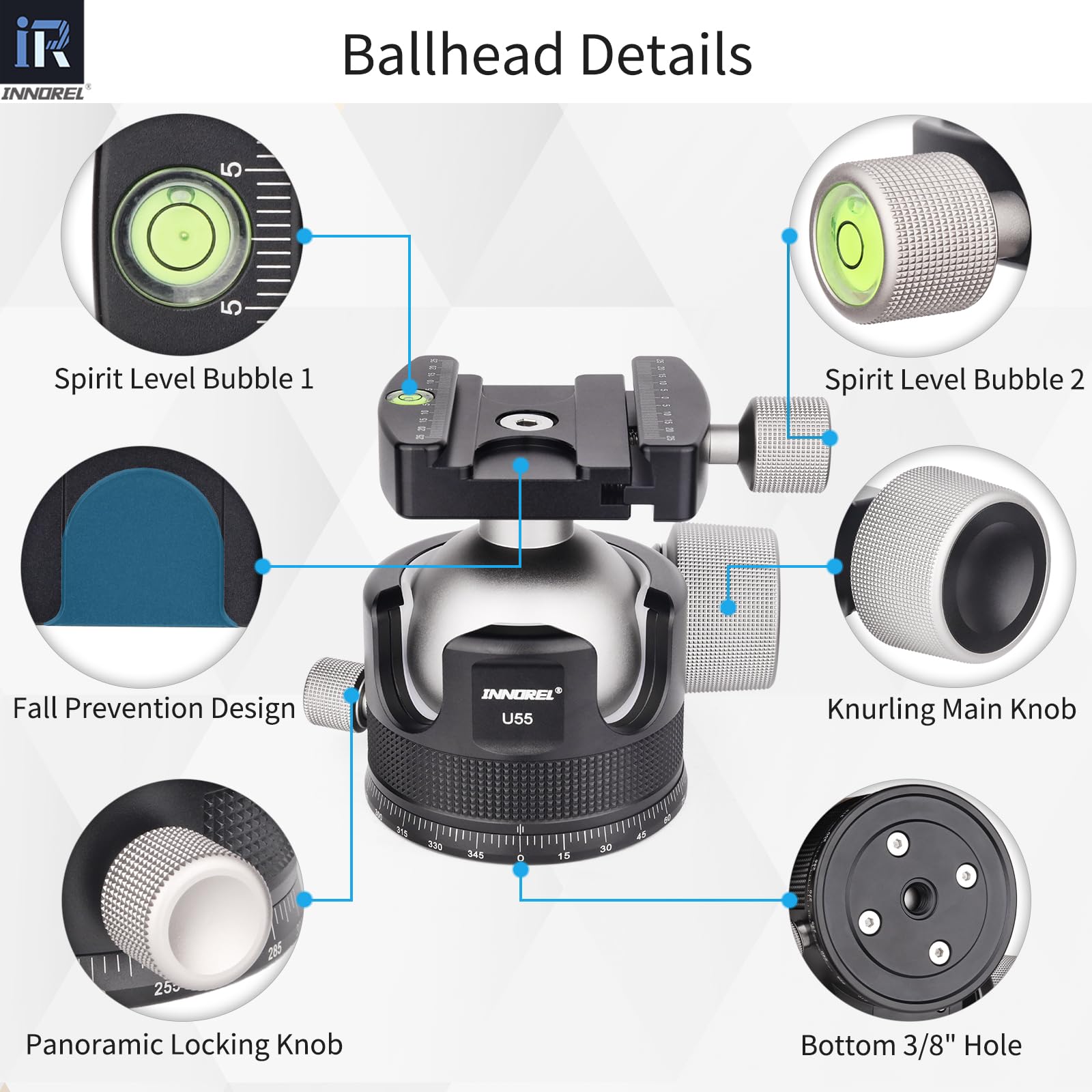 INNOREL Cabezal de bola de trípode de cámara de perfil bajo de 55 mm, CNC de metal resistente, cabezal de trípode panorámico 360 compatible con placa de liberación rápida Arca de 1/4 pulgadas para