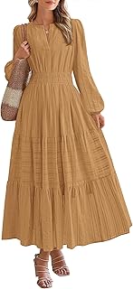 Fall Dresses for Women 2025 Casual Long Sleeve V Neck Elastic Waist Lightweight Maxi Wedding Guest Dress Pockets
