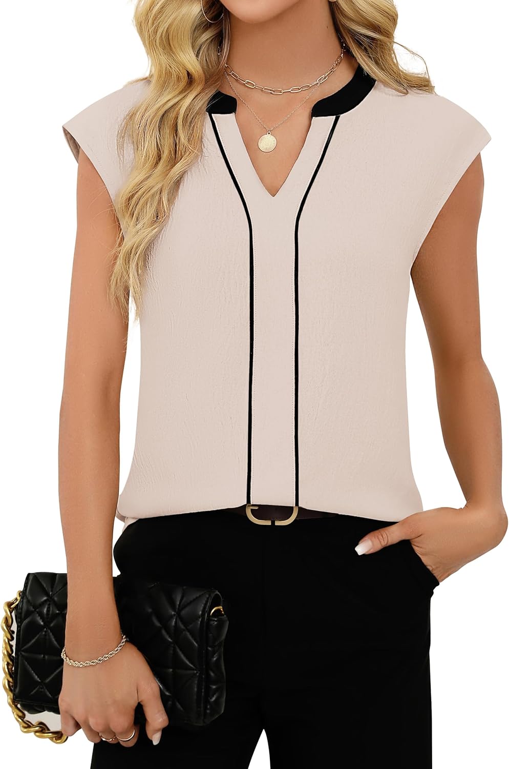 Fayenne Womens Short Sleeve Tops Dressy Casual V Neck Color Block Business Casual Outfits Work Blouses Office Shirts