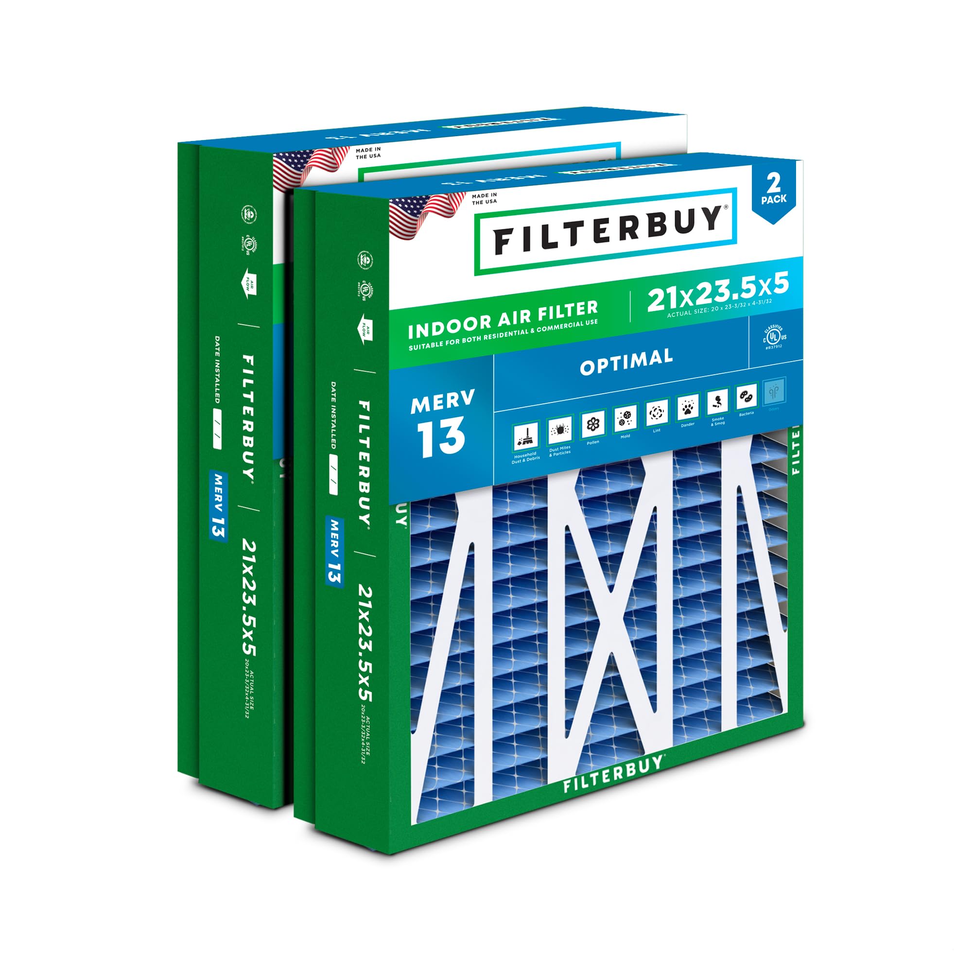 Filterbuy 21x23.5x5 Air Filter MERV 13 Optimal Defense (2-Pack), Pleated HVAC AC Furnace Air Filters Replacement for Trane Perfect Fit & American Standard (Actual Size: 20.00 x 23.09 x 4.97 Inches)