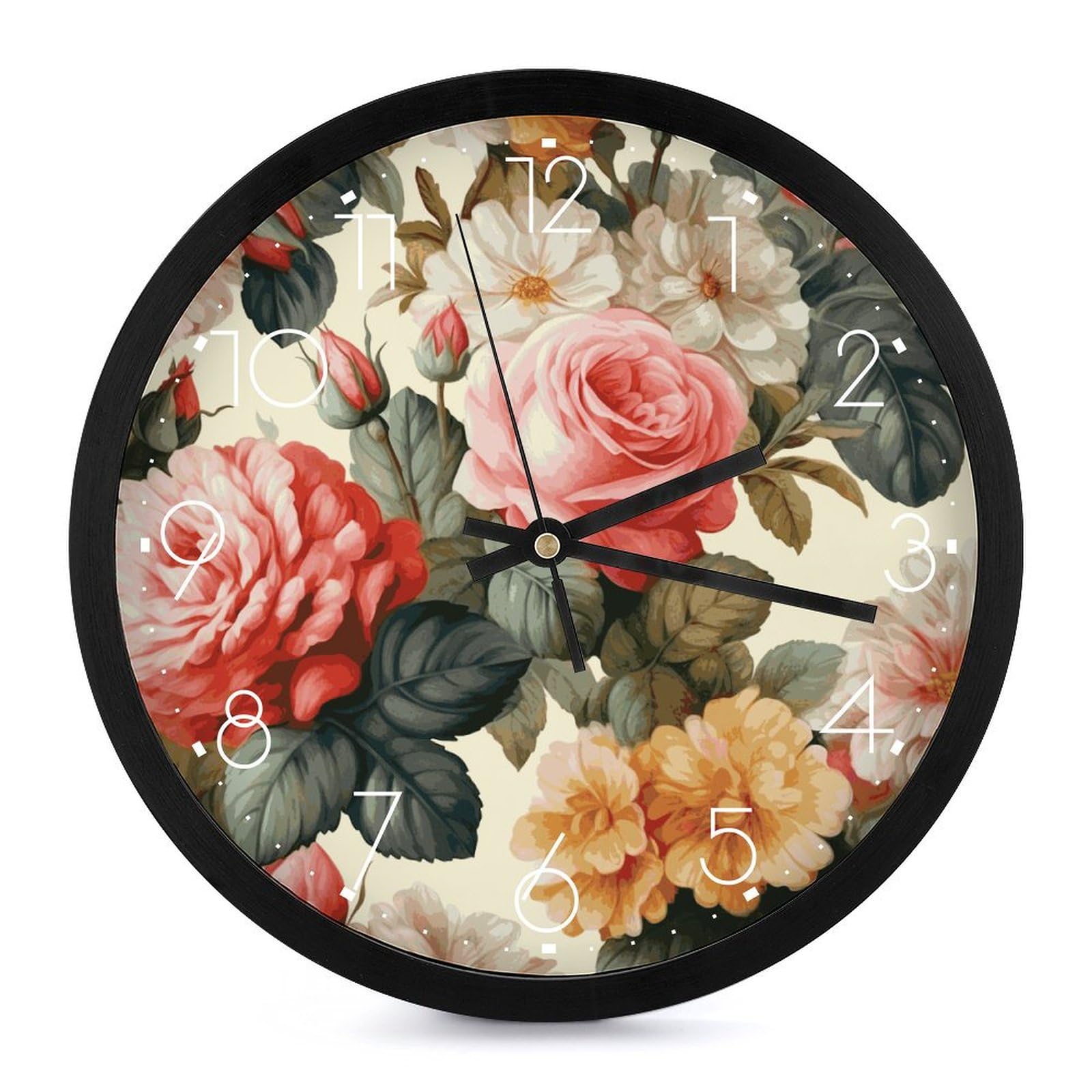 Horloge murale ronde silencieuse et décorative à fleurs pour un bureau sans bruit