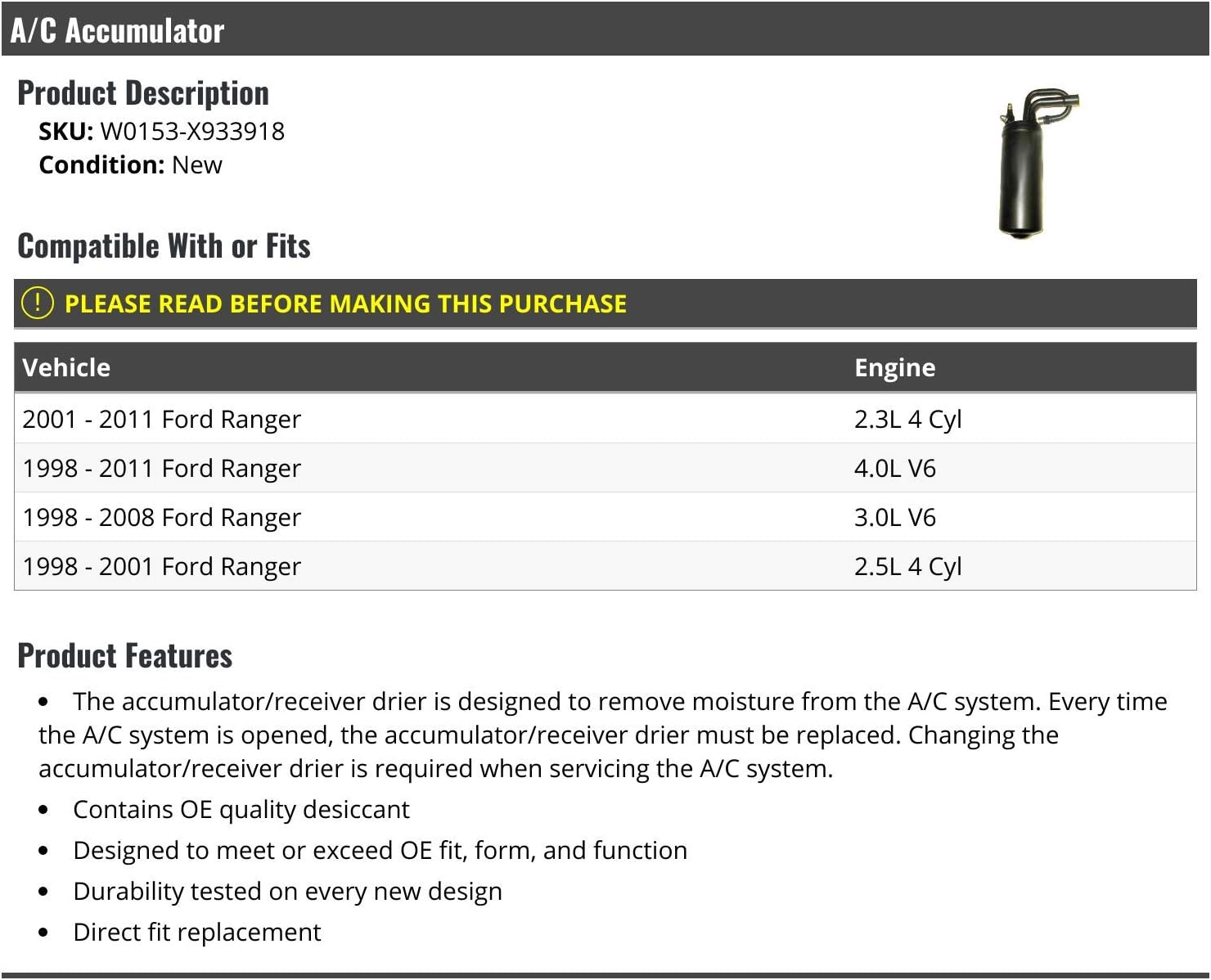 A/C Accumulator - Compatible with 1998-2011 Ford Ranger