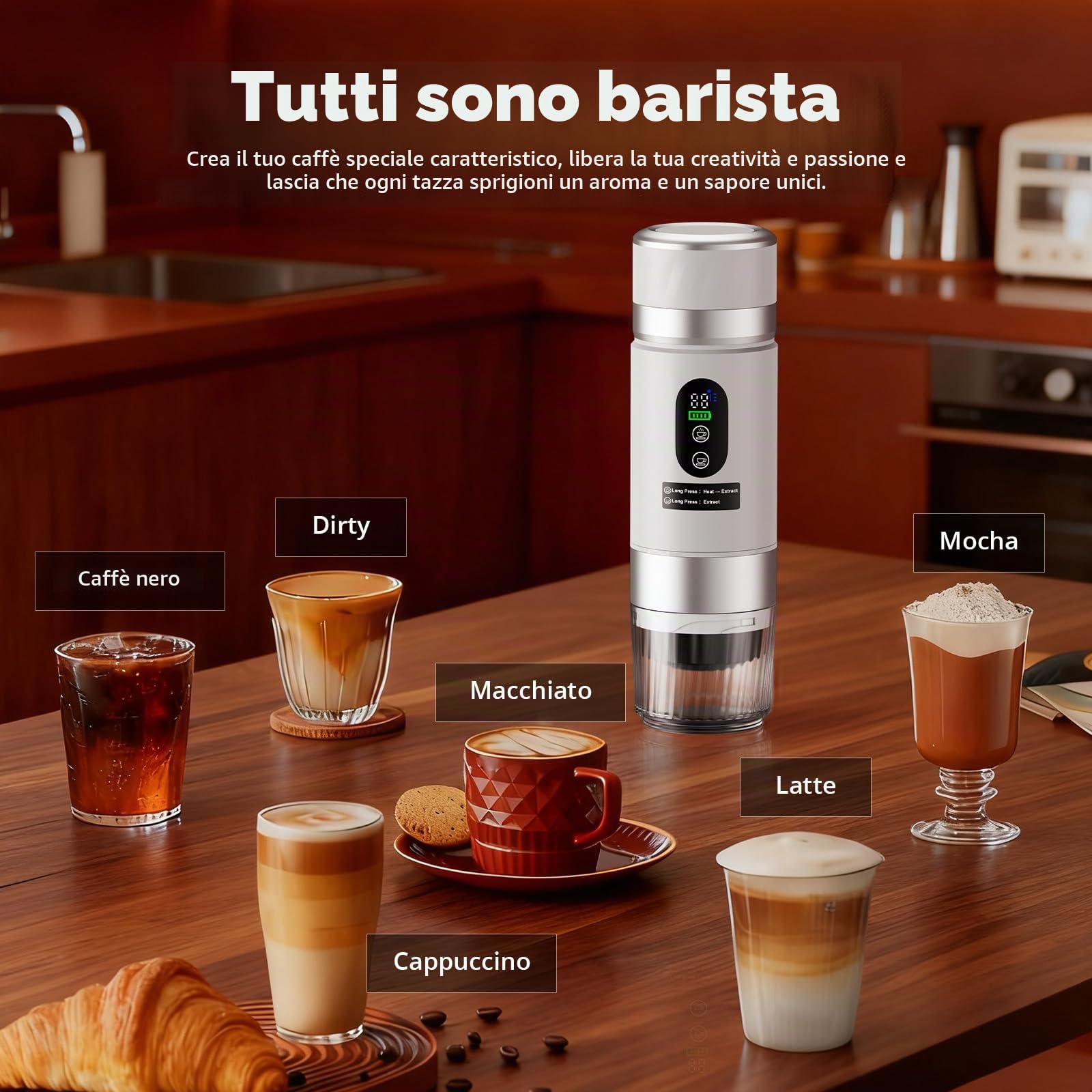 Macchina Caffe Portatile, Caffettiera Portatile 3-in-1 con batteria 2 x 7500 mAh,20 Bar, Autoriscaldante,USB-C,piccola macchina da caffè 3 in 1 con caffè macinato e capsule (NS & DG) per camper