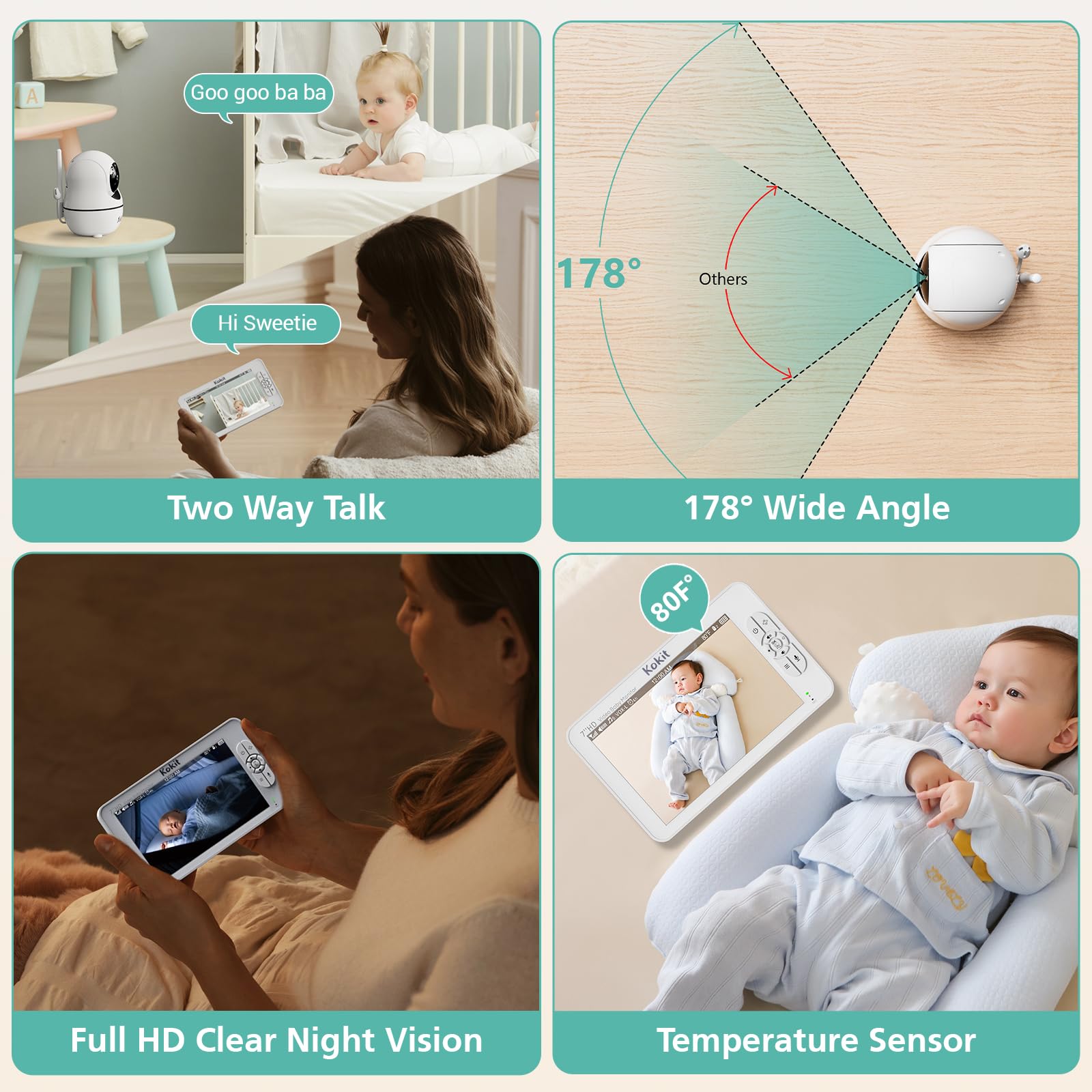 Baby Monitor con fotocamera e audio, monitor video HD 1080P da 7 pollici, senza WiFi, batteria da 5000 mAh, modalità VOX, visione notturna automatica, a prova di hacking, PTZ remoto