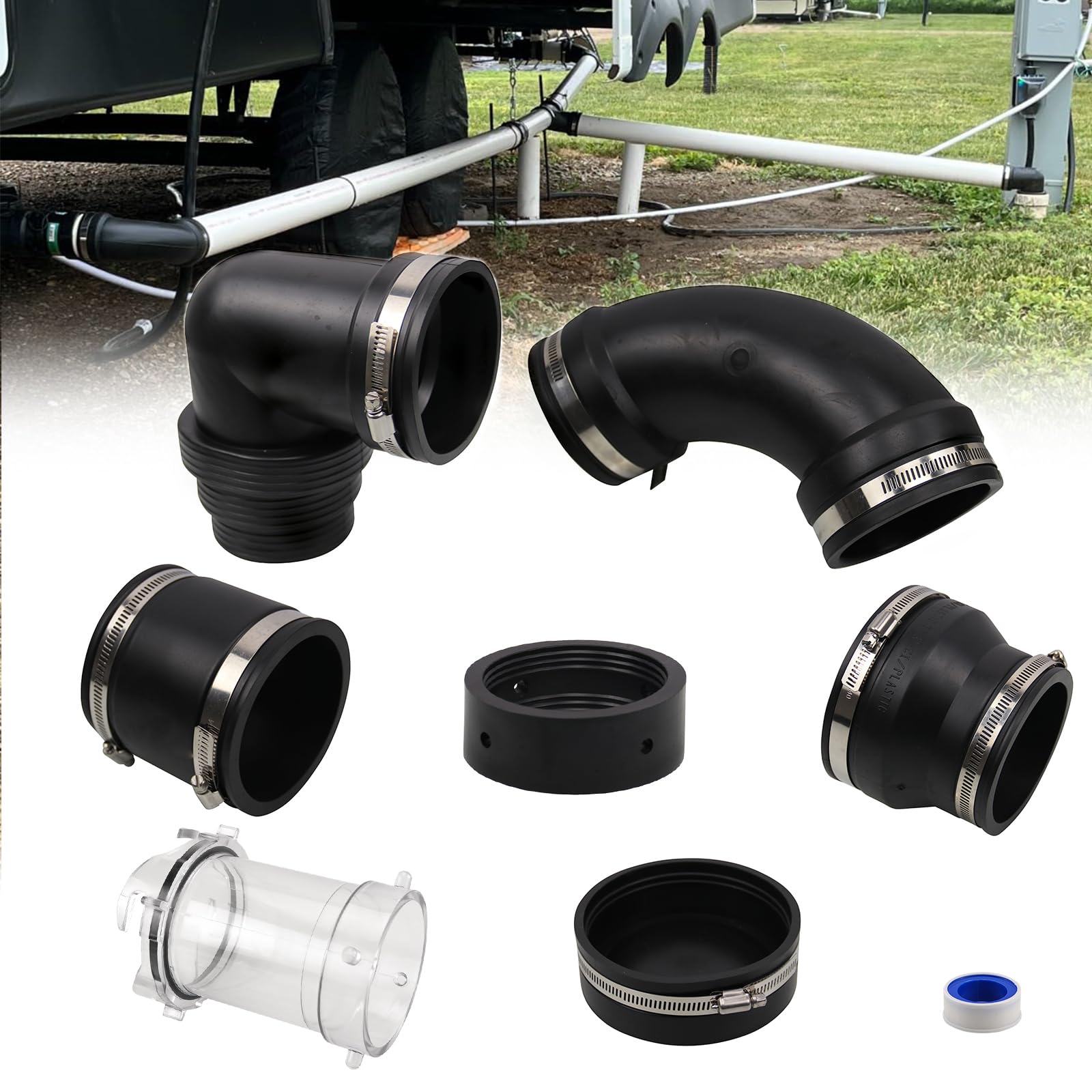RULLINE Complete RV Sewer Hose Kit Compatible With 3" PVC Pipe Camper Waste Plumbing System with Adapters Compatible With &amp; Clear Sewer Hose Extension Adapter
