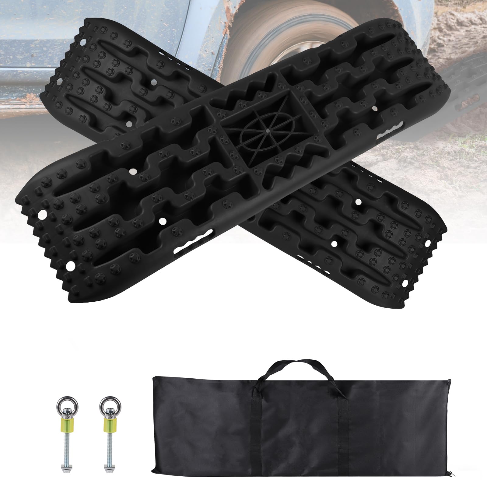 EXLECO 2 Pezzi Tappetino di Trazione per Fuoristrada, Piastre di Recupero e Disinsabbiamento per Camper, Auto fino a 10T, Accessori Off Road 4x4 per Neve e Sabbia con Borsa Stoccaggio Staffetta, Nero