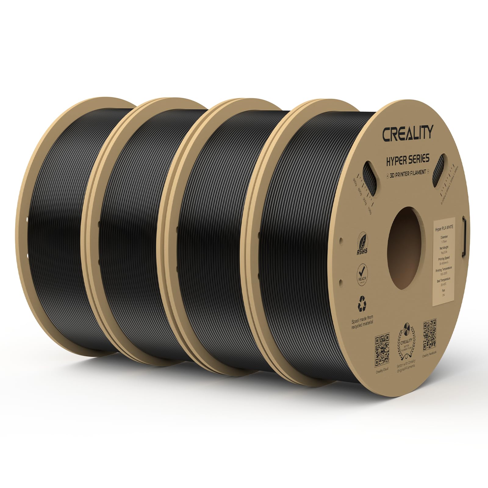 Creality Hyper PLA Filament, Filamento PLA 1,75 mm, Precisión Dimensional +/-0,02 mm, alta Velocidad de Impresión 30–600 mm/s, para Impresoras 3D FDM, 4 kg (8,8 lb), 4 Negro